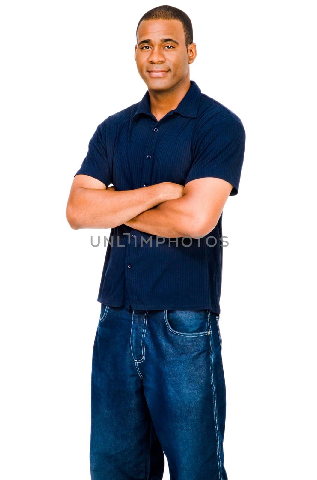 Close-up of a mid adult man posing and smiling isolated over white