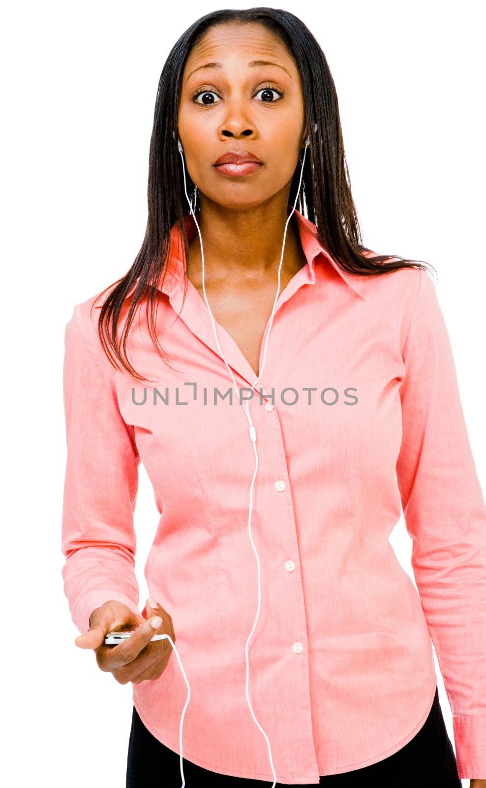 African American woman listening to music on MP3 player isolated over white