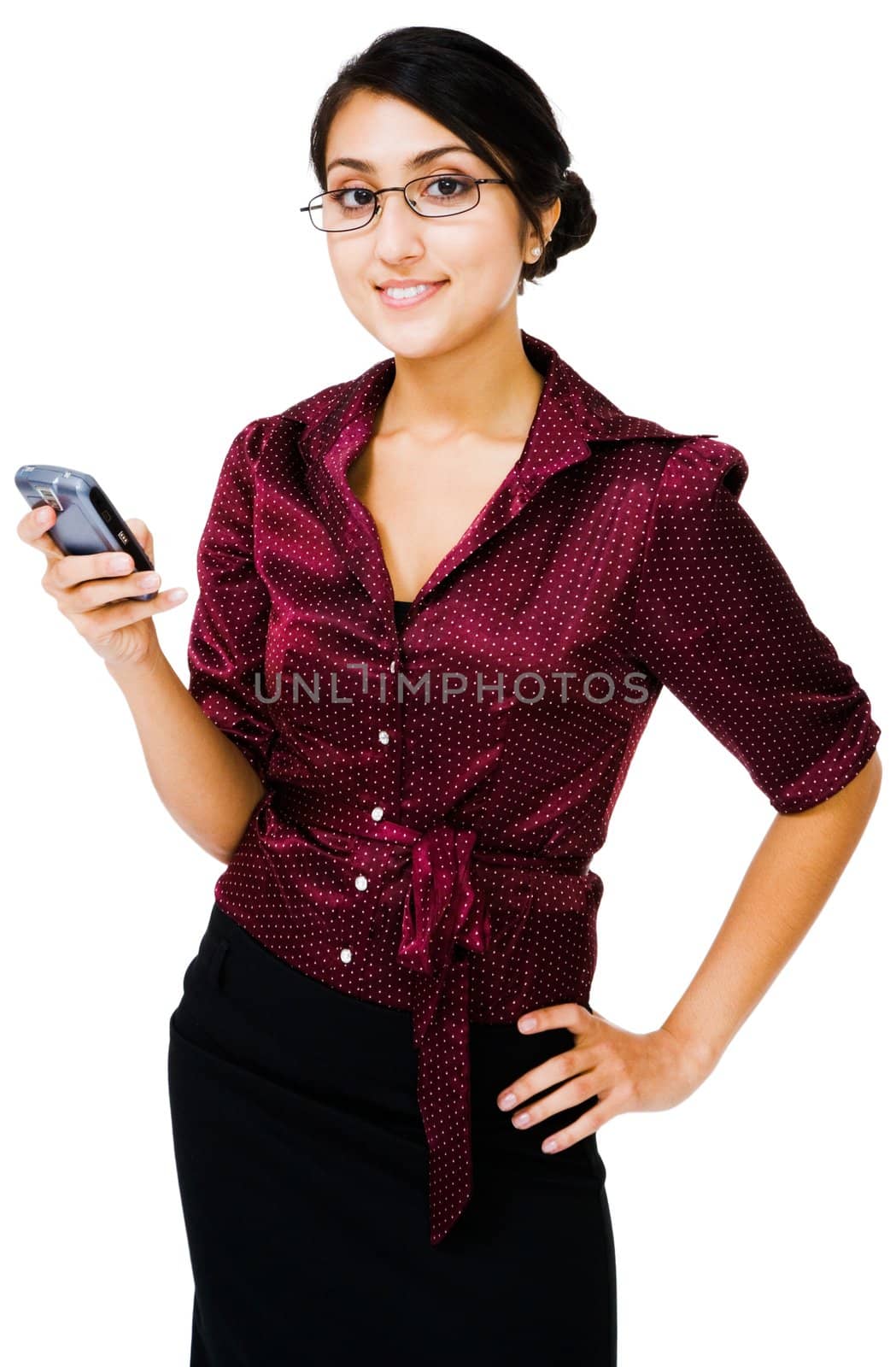 Fashion model text messaging on a mobile phone isolated over white