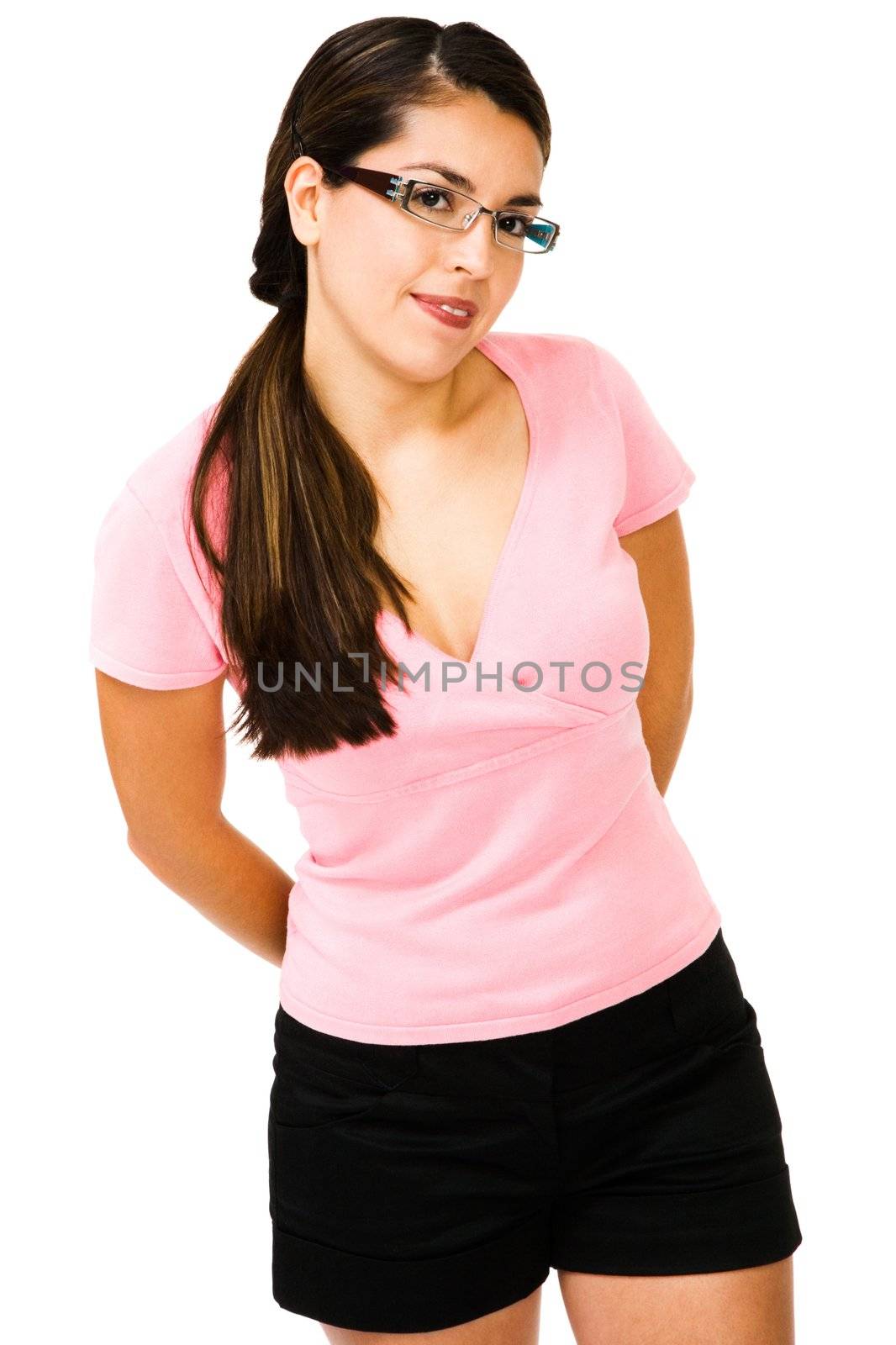 Latin American woman smirking and standing isolated over white