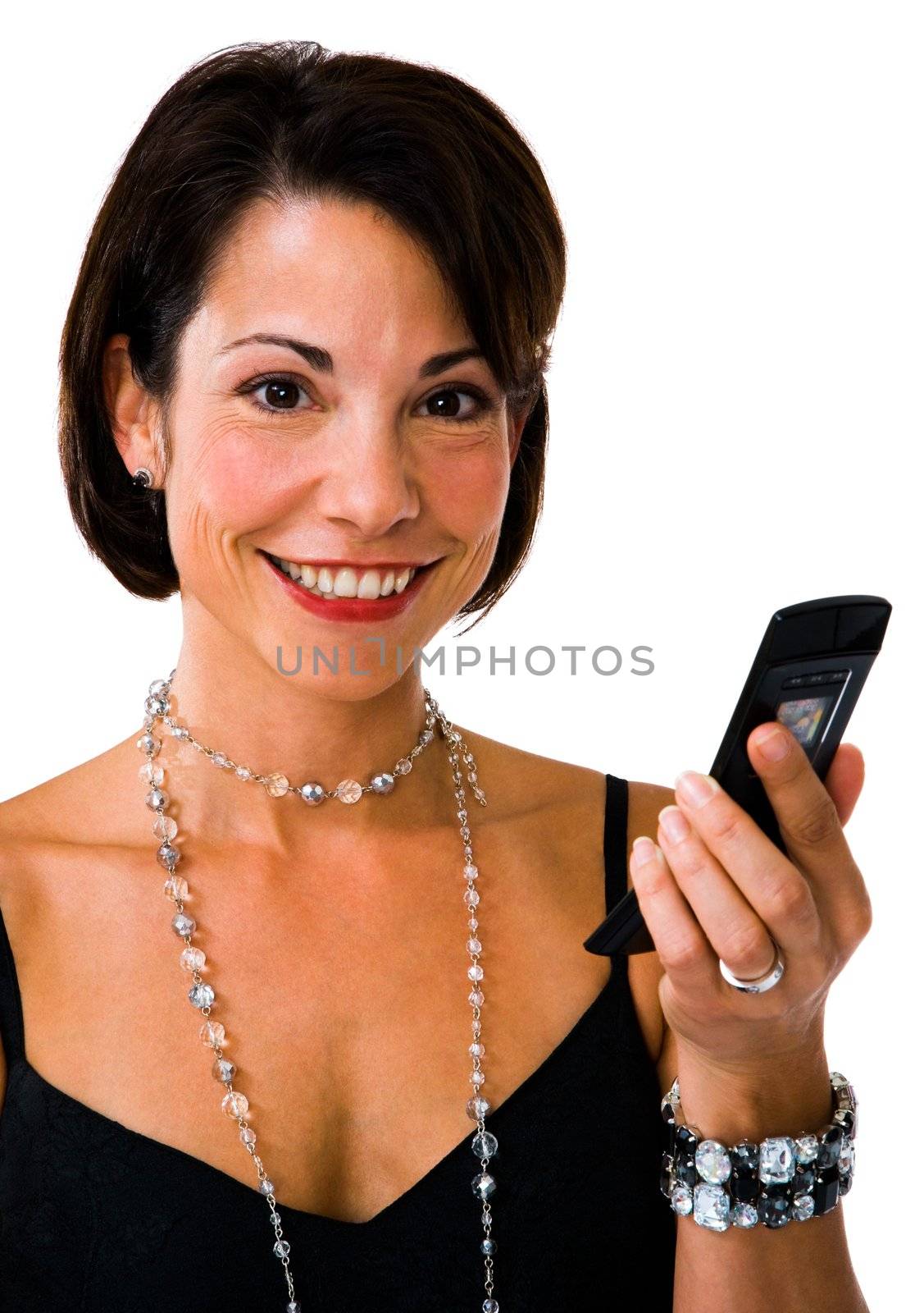 Happy woman text messaging on a mobile phone isolated over white