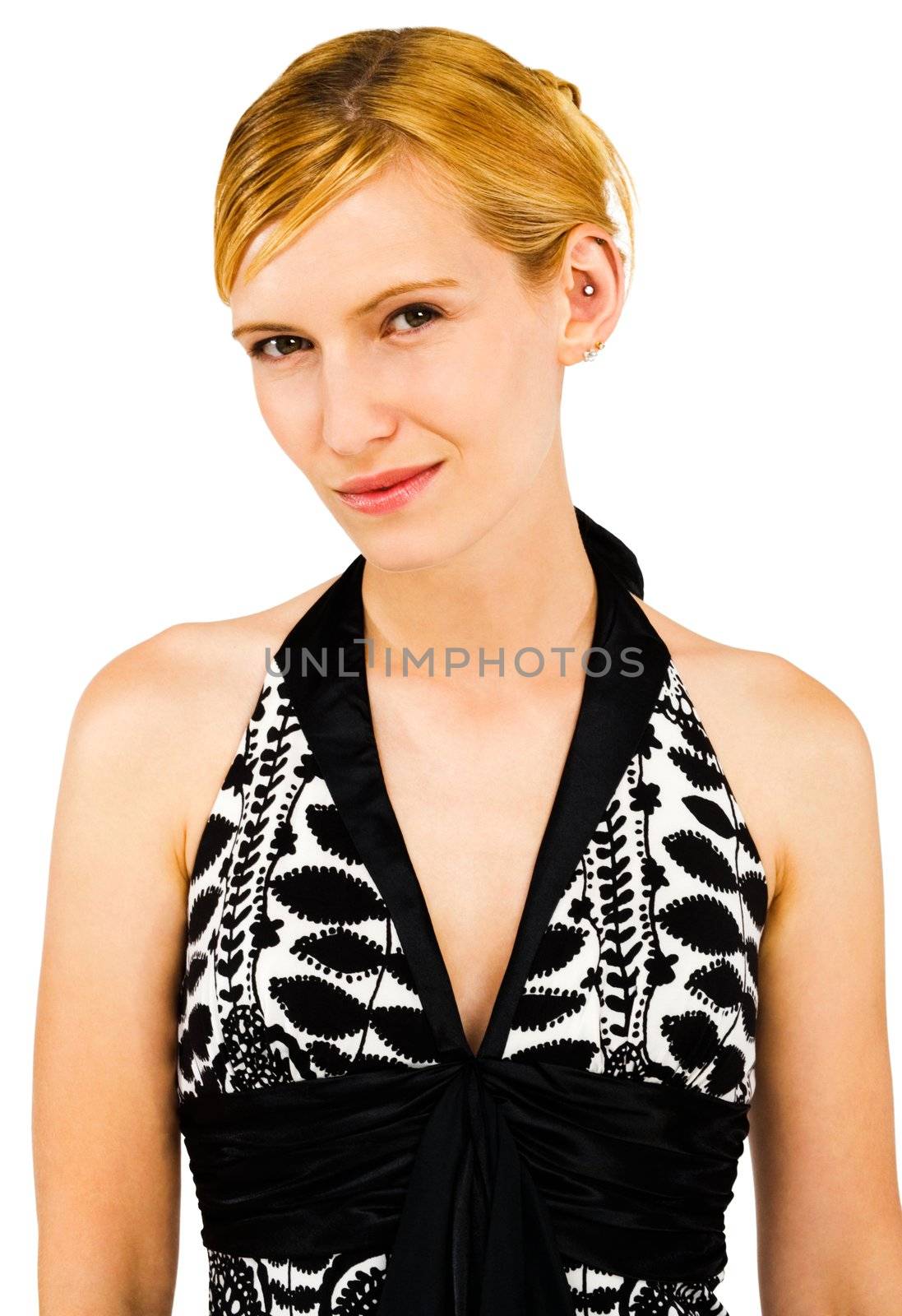 Confident young woman posing and smiling isolated over white