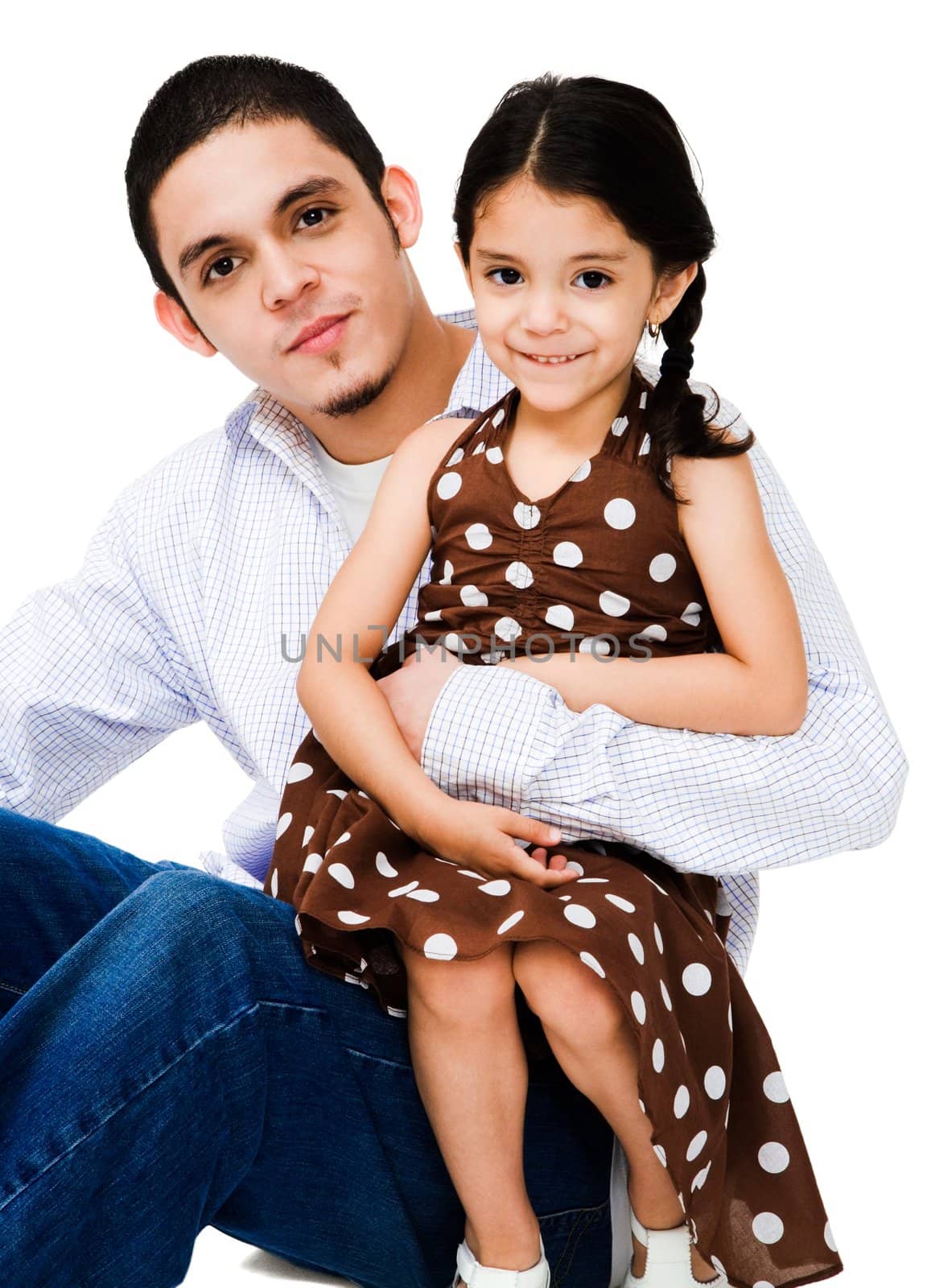 Portrait of a man hugging a girl isolated over white