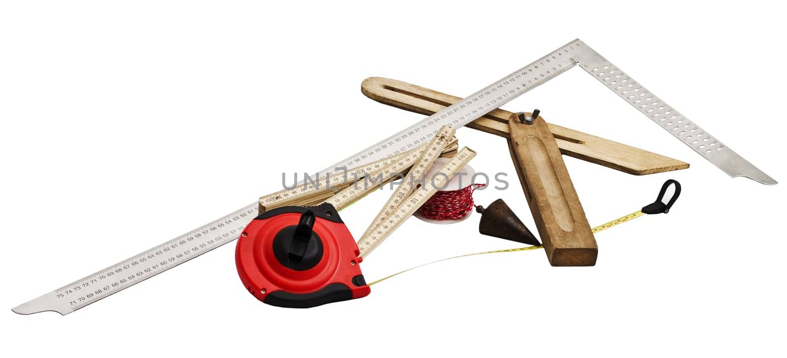 carpenters tools on white background. measuring tape, bevel, plumb bob, angle bracket, folding rule