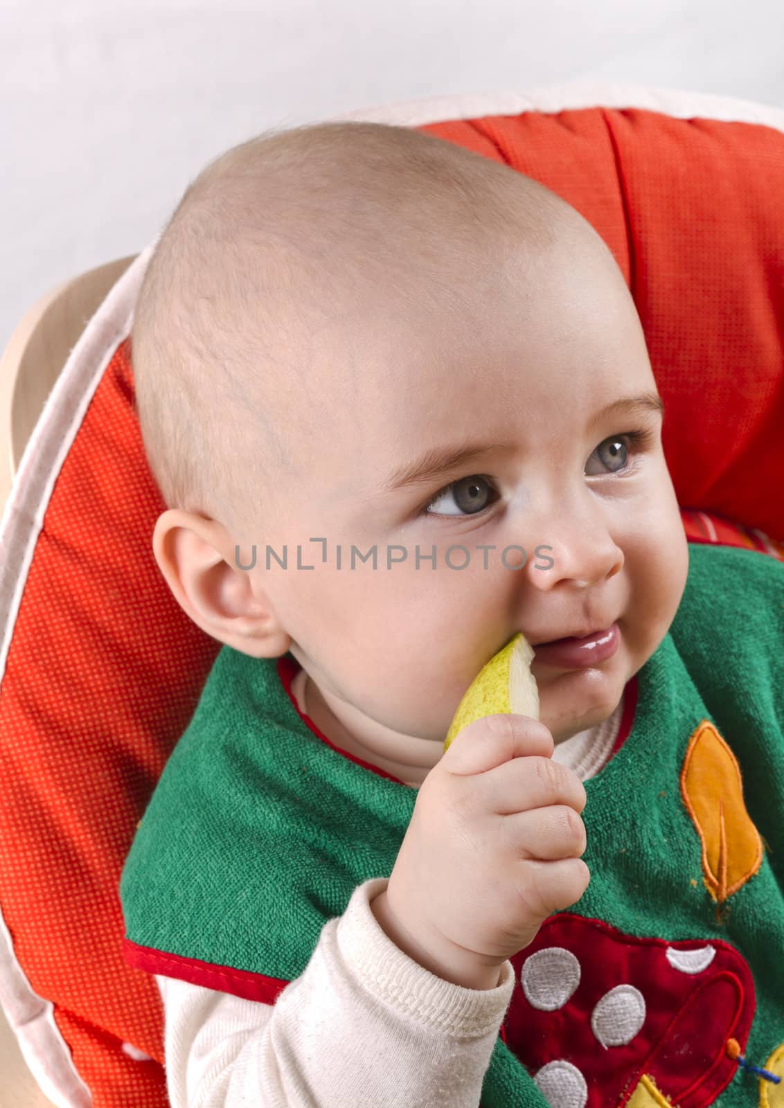 young baby sitting and eating an apple. Isolated on white.