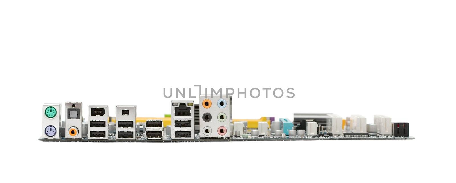 Back of a computer mainboard isolated on white