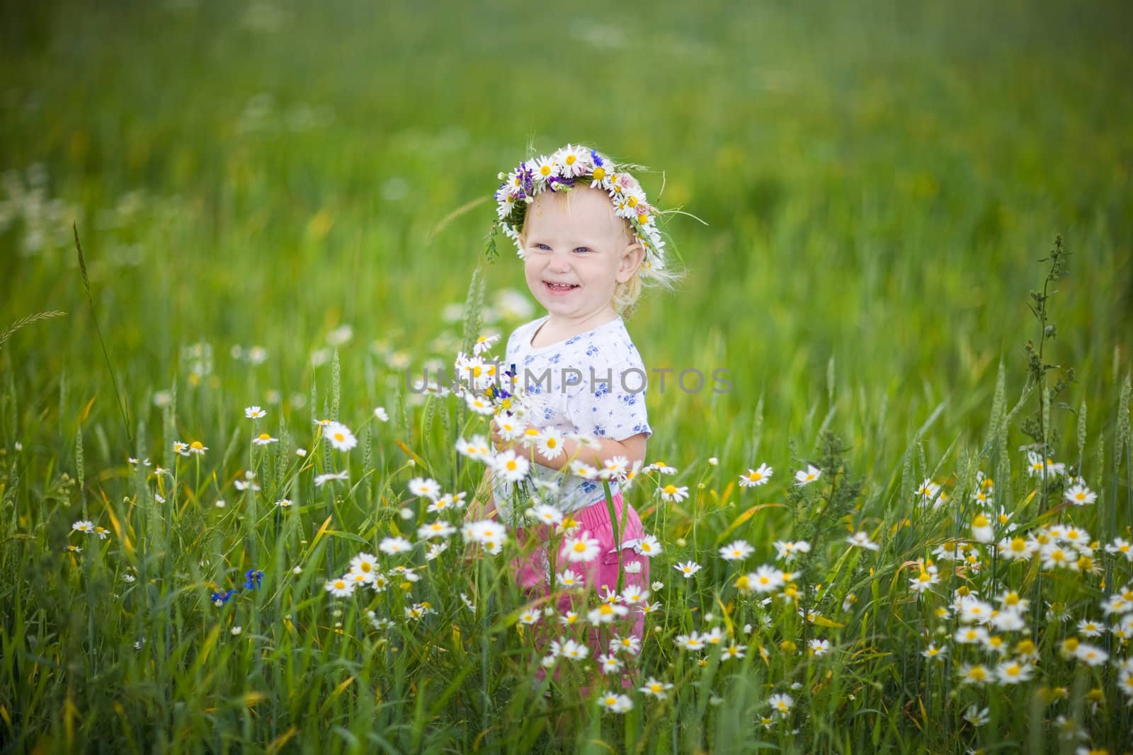 child with flowers in the field