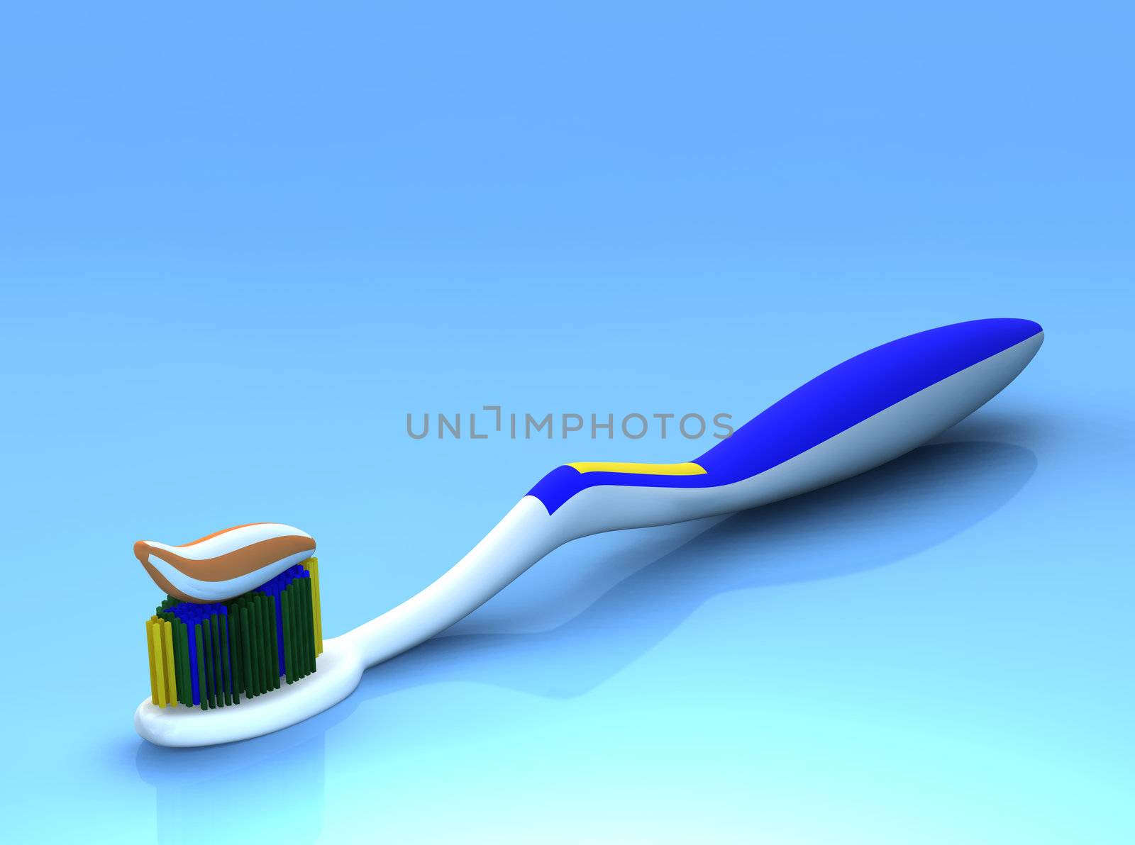 Toothbrush and gel toothpaste on the blue background