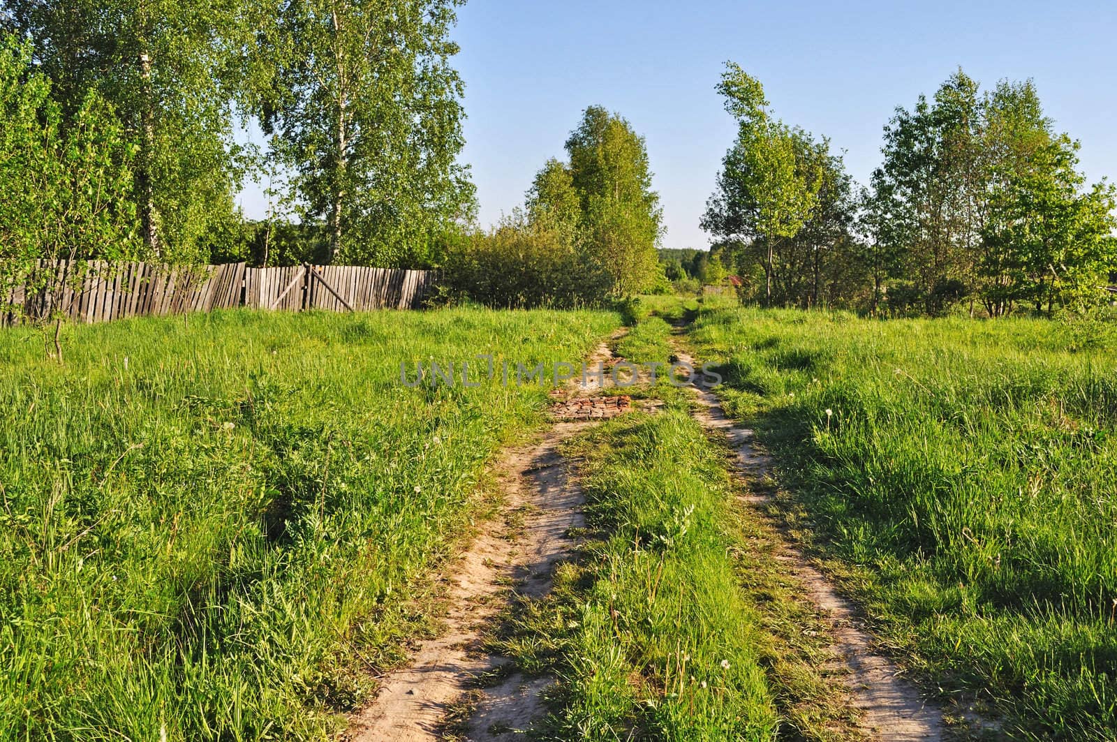 Country dirt road along the wooden fence at village outskirts on evening