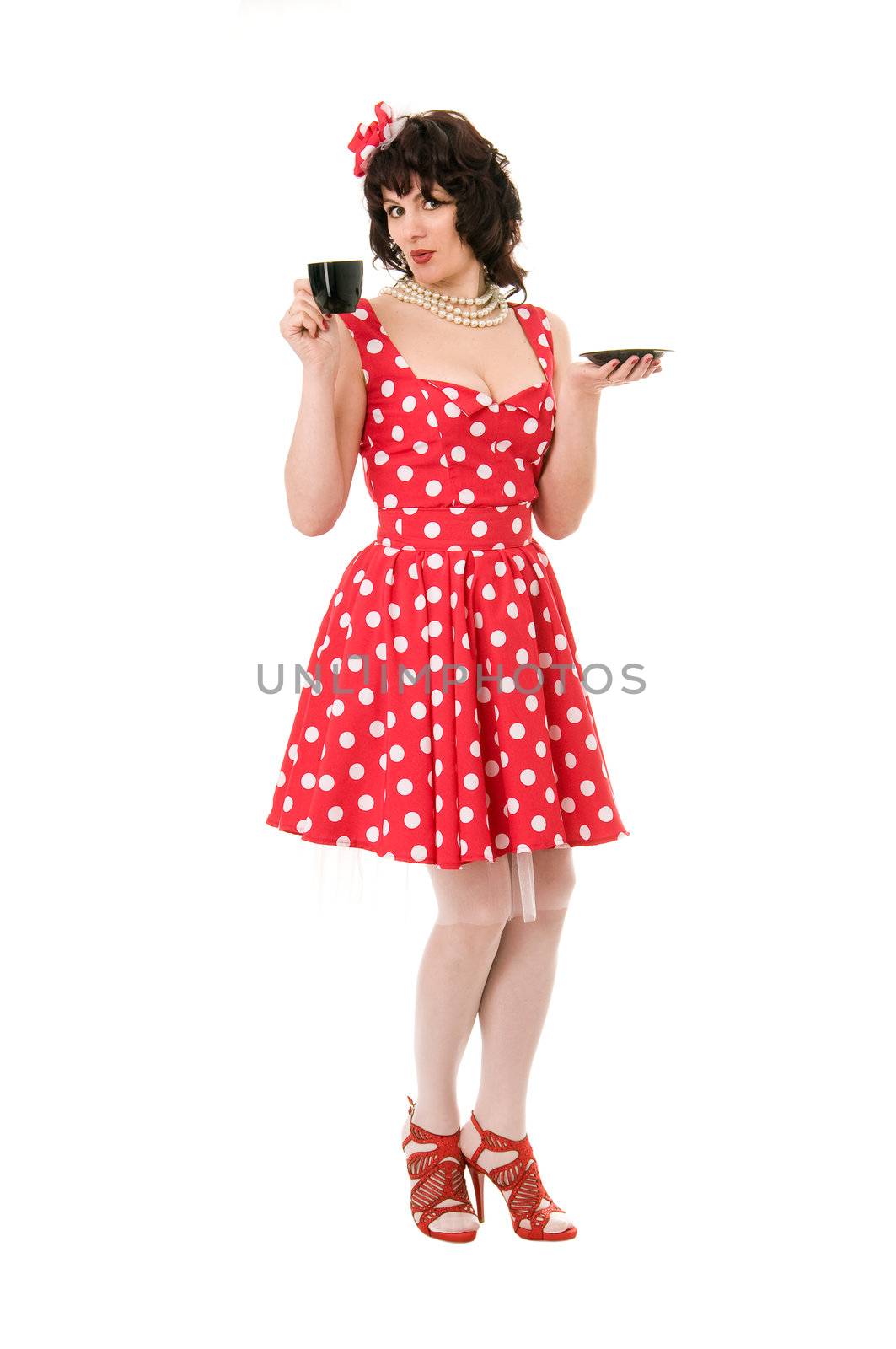 woman pin-up in red dress isolated on white background