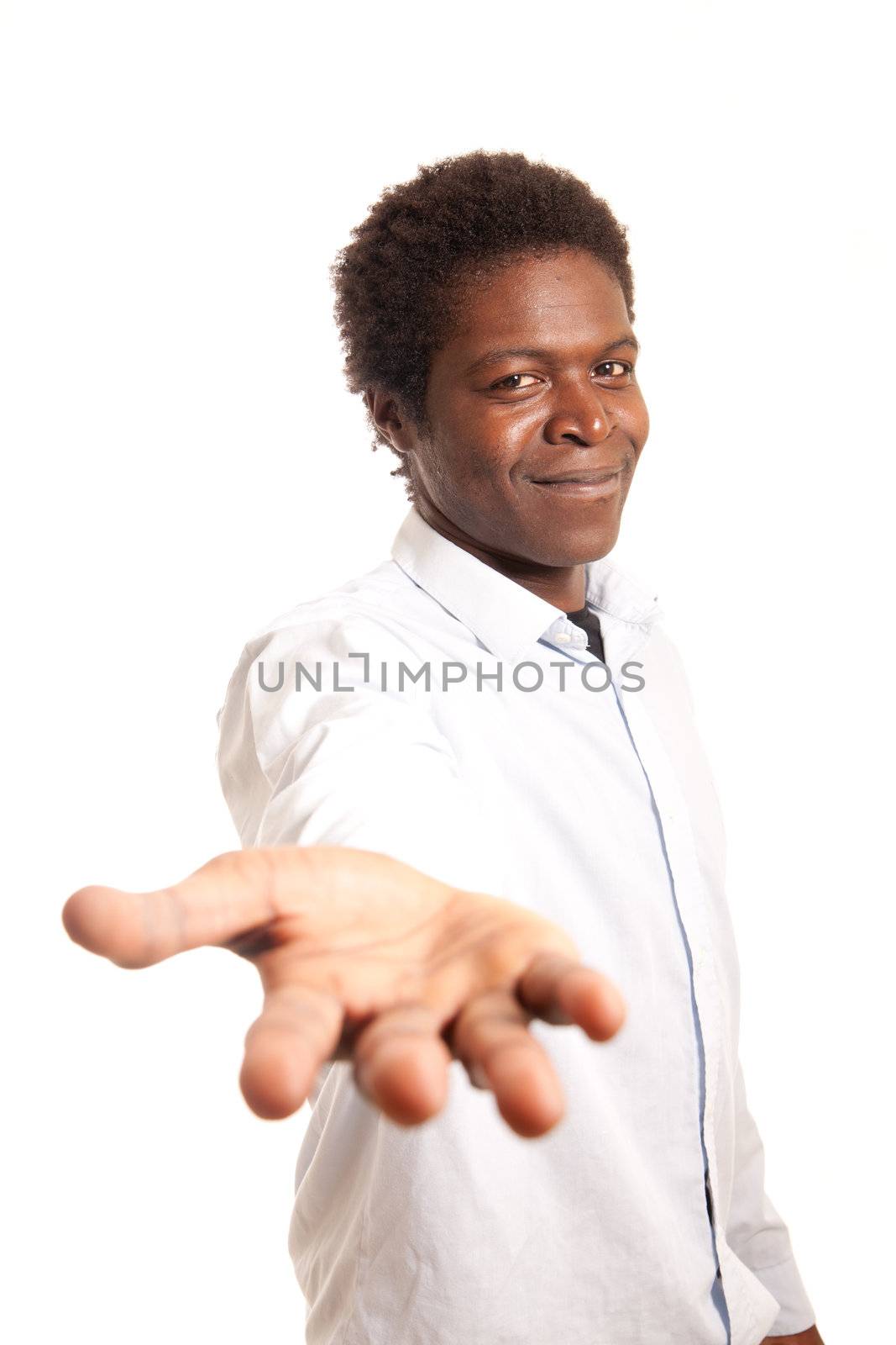 a black young showing his hand offering help