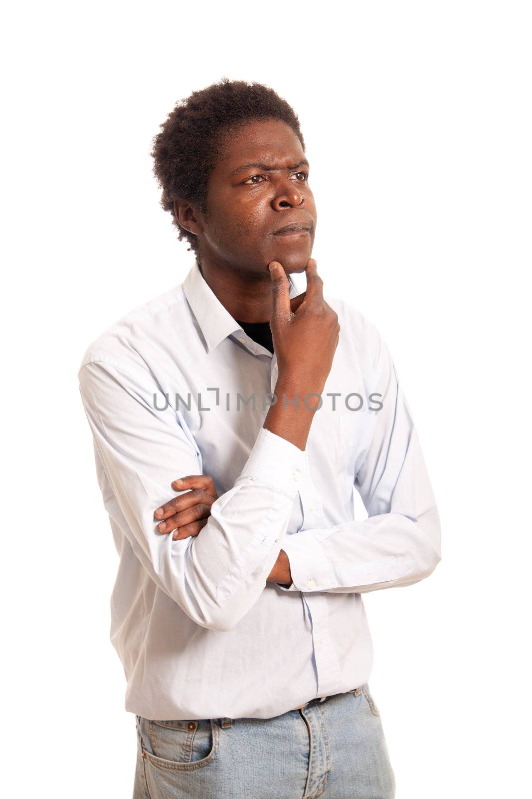 a young black man posing thoughtful scratching his chin