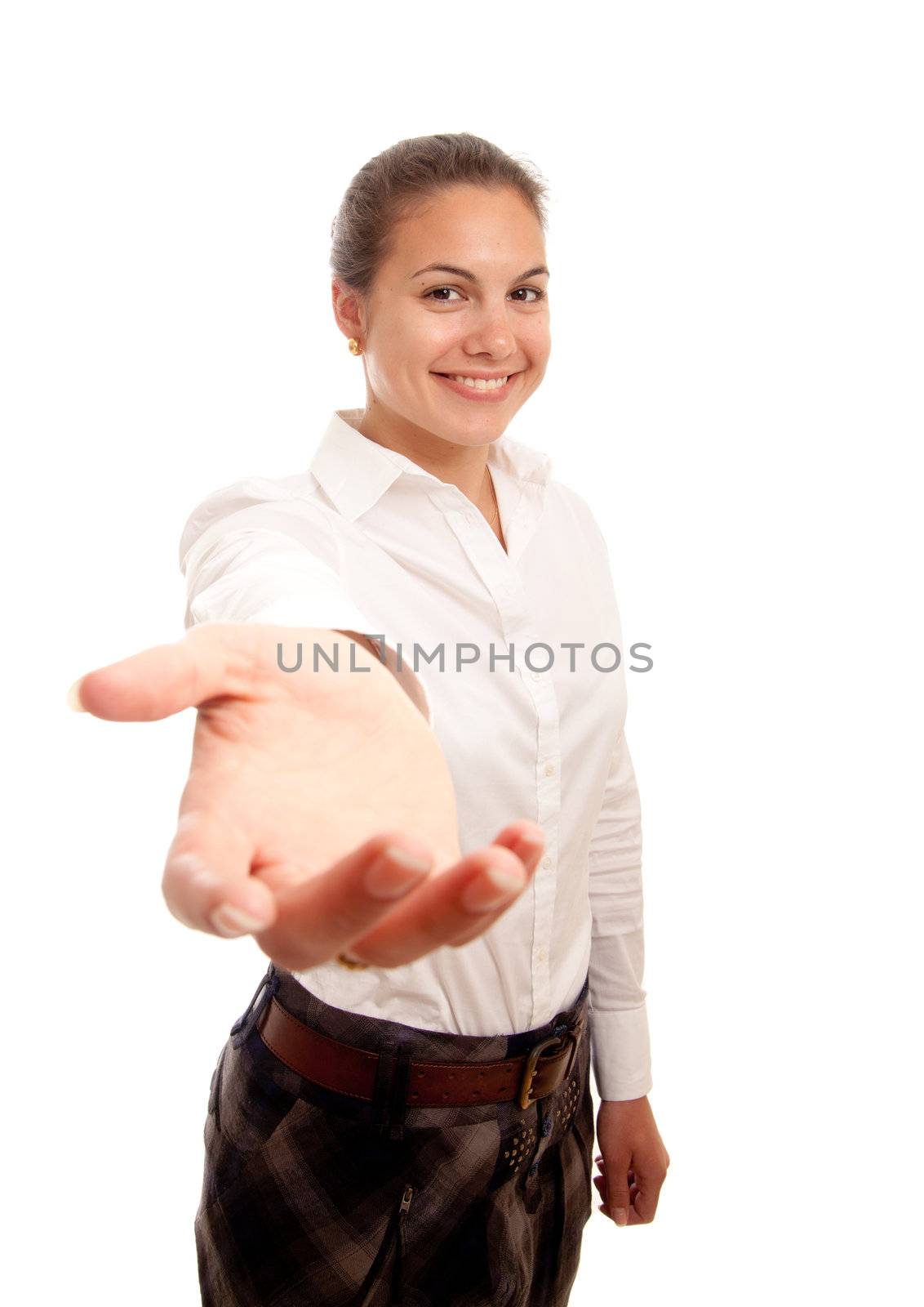 a young businesswoman showing her hand offering help