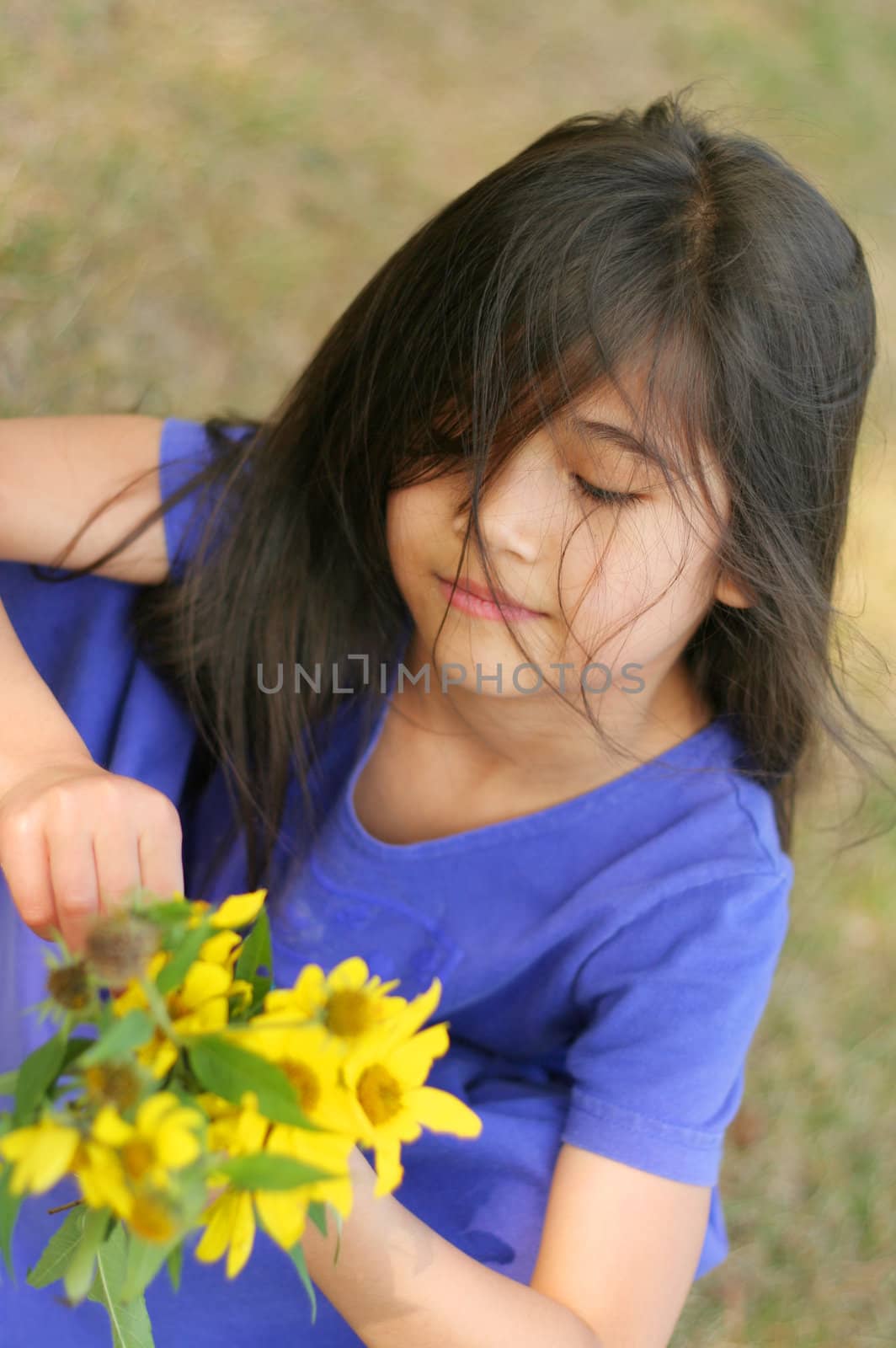 Beautiful ittle girl with handful of sunflowers sitting quietly, Part Scandinavian,Thai background