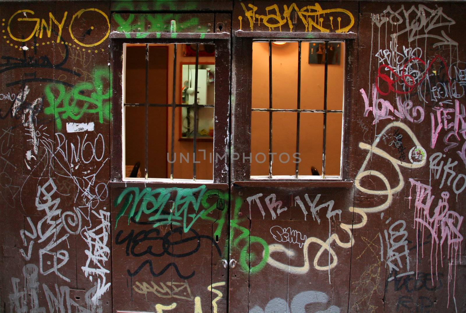 graffiti painted door, grunge style, urban background