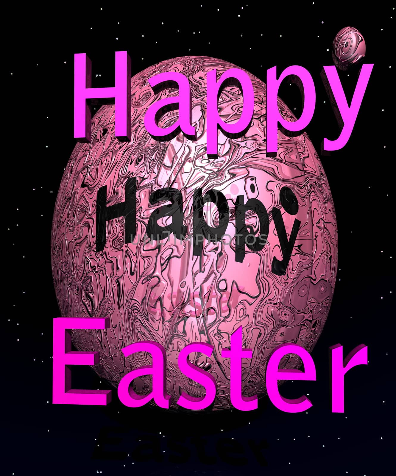 Two pink eggs, a big and a small, behind "happy easter" in night with stars background
