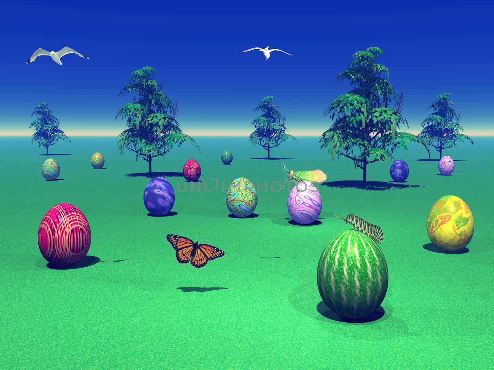 Colored eggs for easter in a natural landscape with trees, insects and birds by beautiful waether