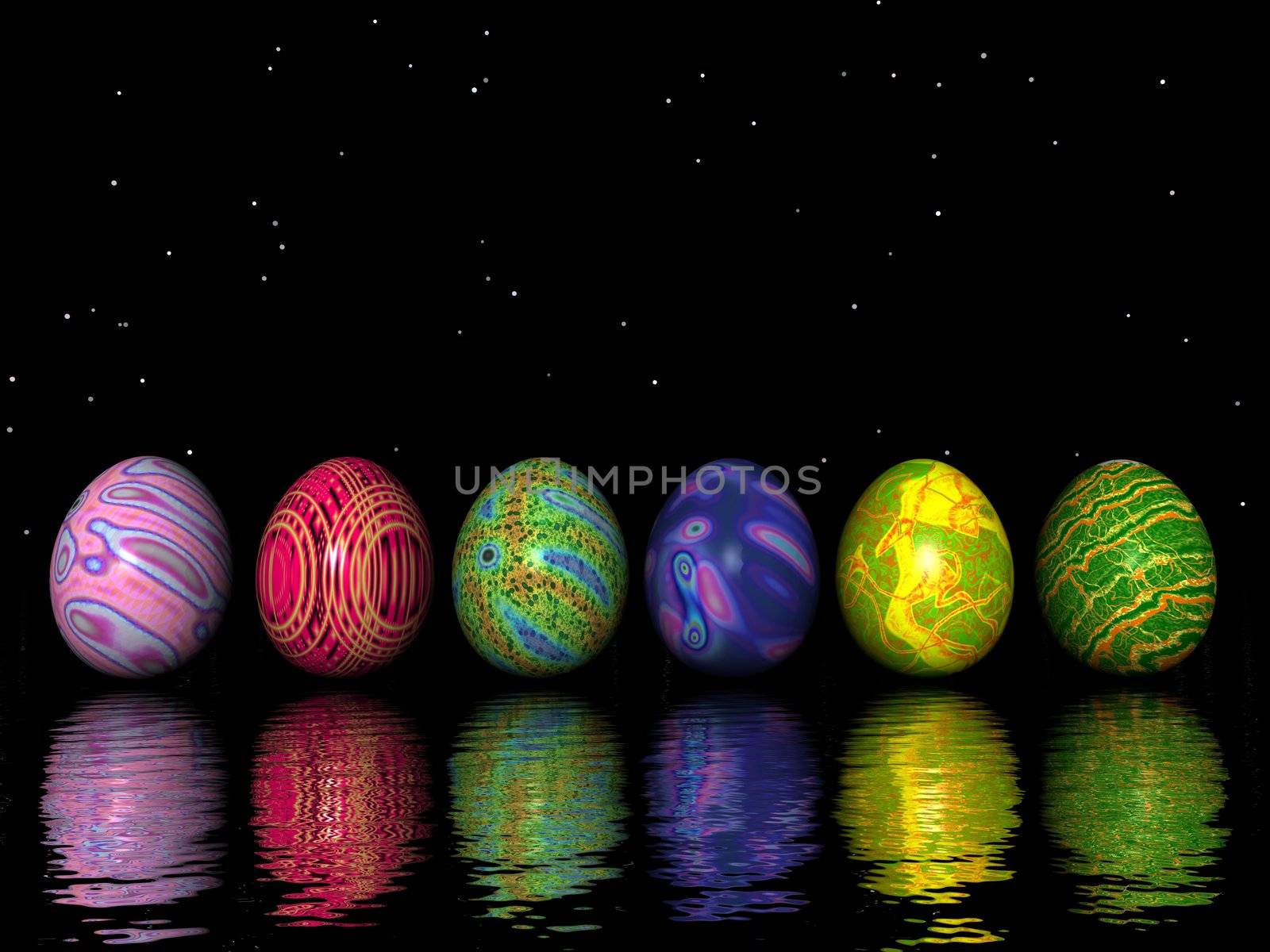 Easter colored eggs upon water by night by Elenaphotos21