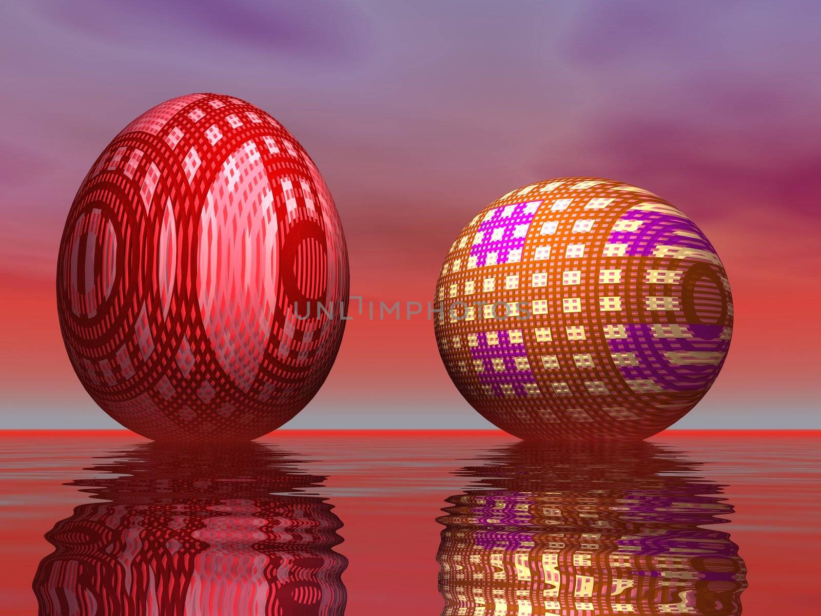 Two colored eggs upon water in red background