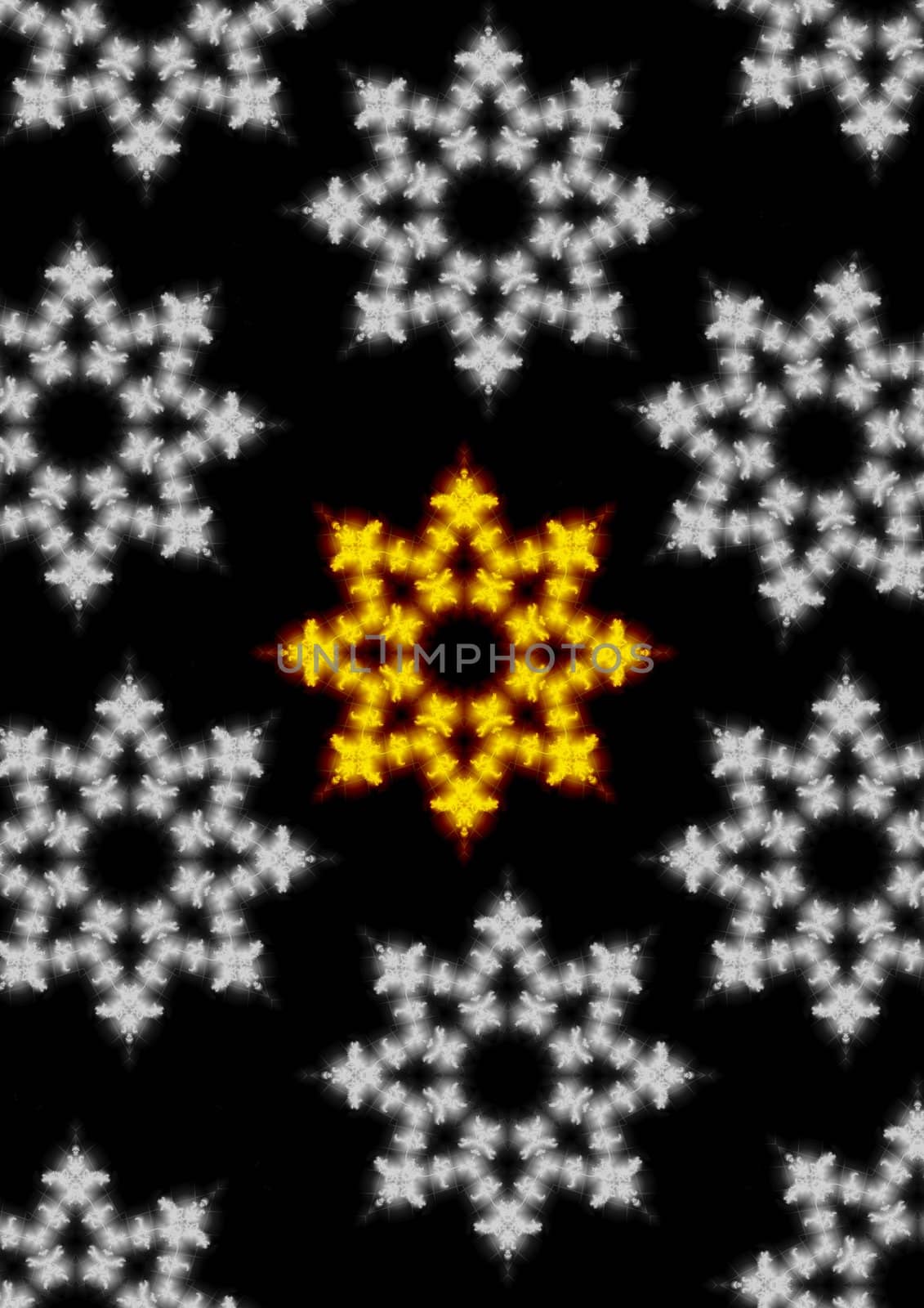Illustration of snowflakes with one golden