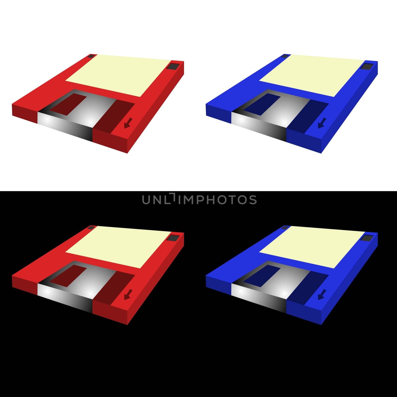 Blue and red (Load/Save) floppy disks on white and black backgrounds