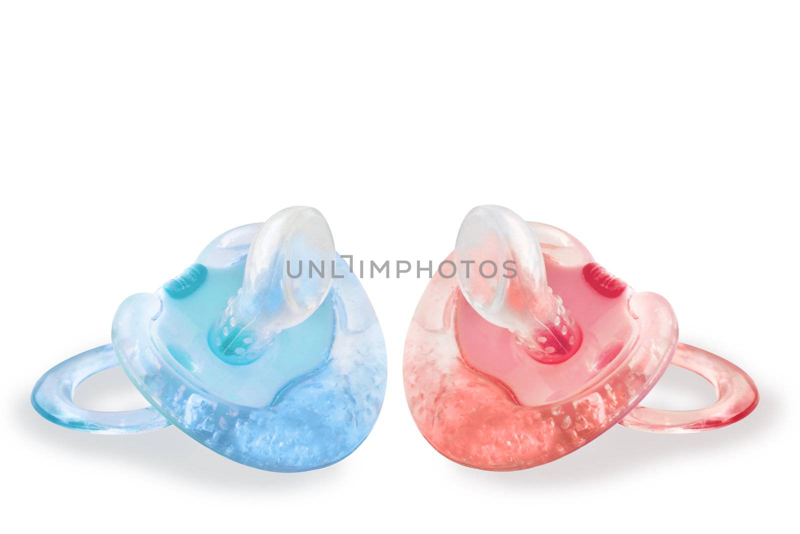 Pink and blue baby pacifiers with cold gel and teething ridges, isolated on white backgroud