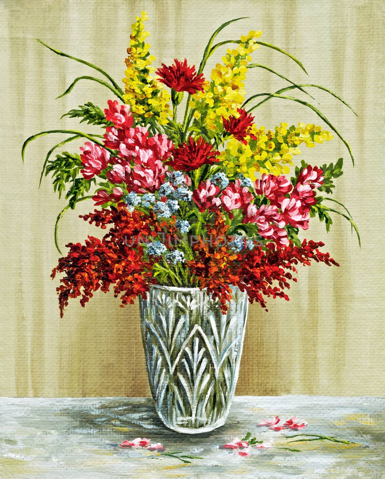 Picture oil paints on a canvas: a bouquet in a crystal vase