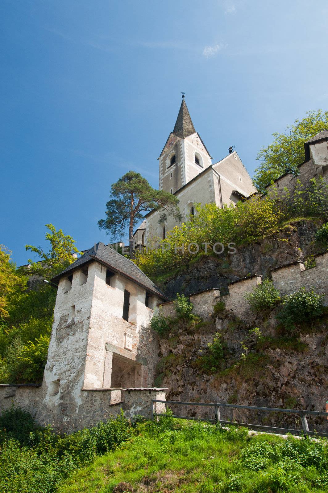 Tower medieval castle Hohostervits, located on the mountain, Austria, K�rnten