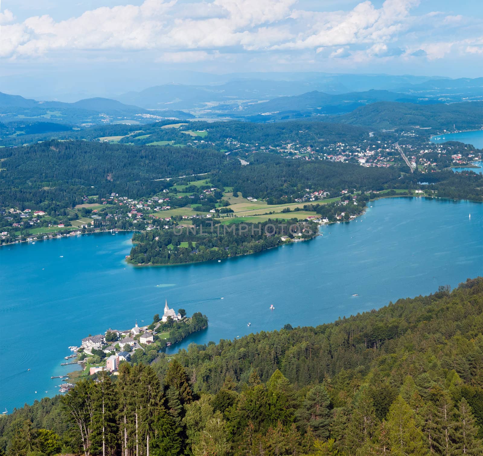 Panorama of Lake Wörthersee, bird's-eye view, Austria, Kärnten