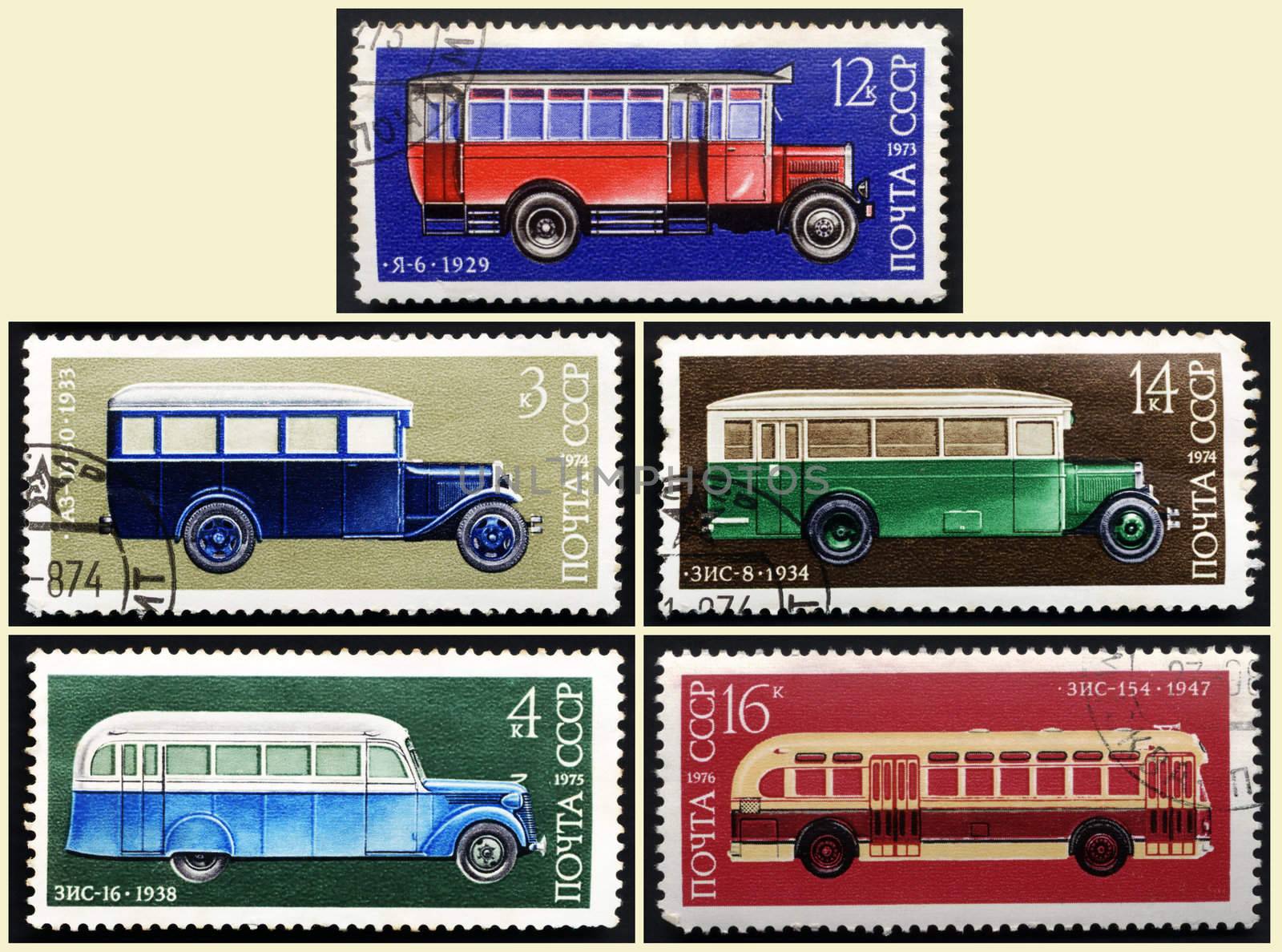 USSR - CIRCA 1973-1976: A stamp printed by USSR. Shows set old Russian bus, USSR. Circa 1973-1976.