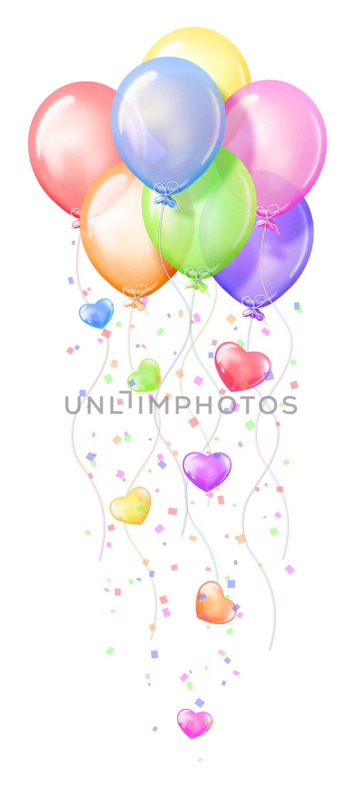 Cartoon birthday balloons with hearts.