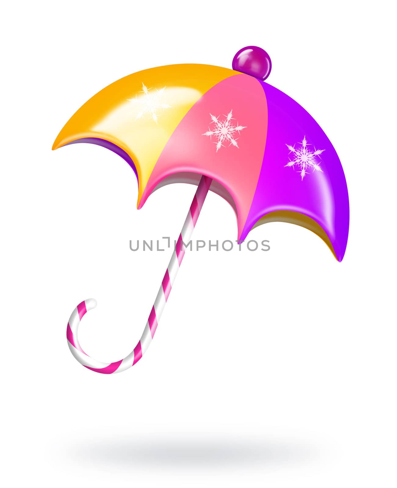 A colorful cartoon Christmas umbrella with candy cane handle.