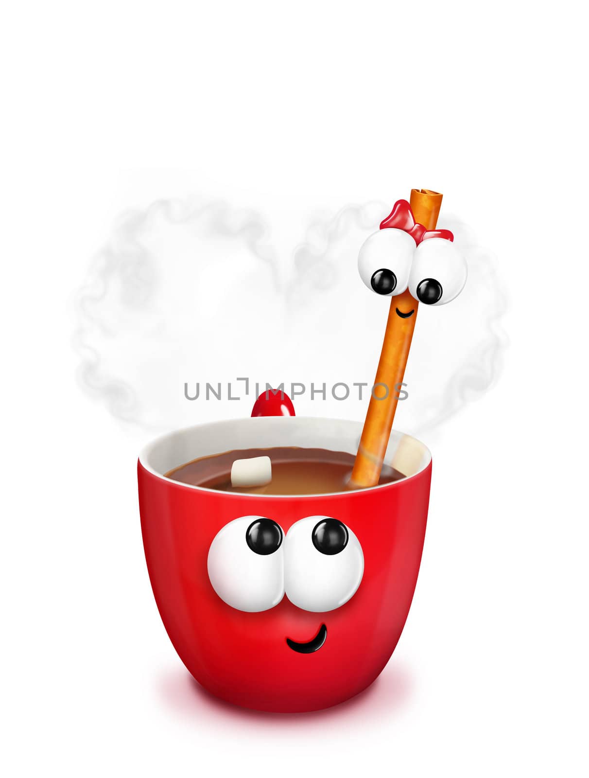Cartoon Christmas mug with hot chocolate and cinnamon stick... and steam heart.