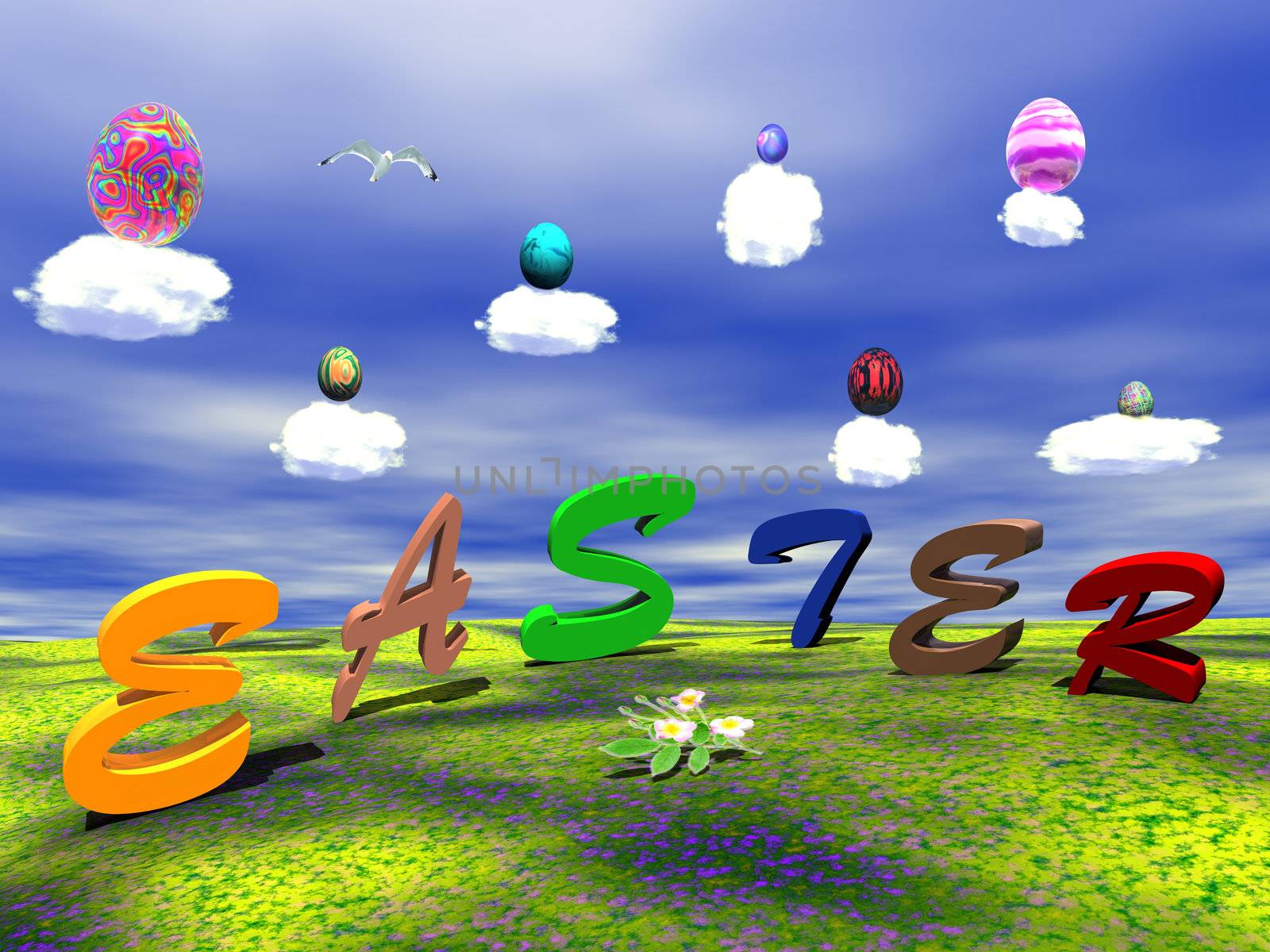 Colored eggs for easter upon white clouds and easter letters in the grass