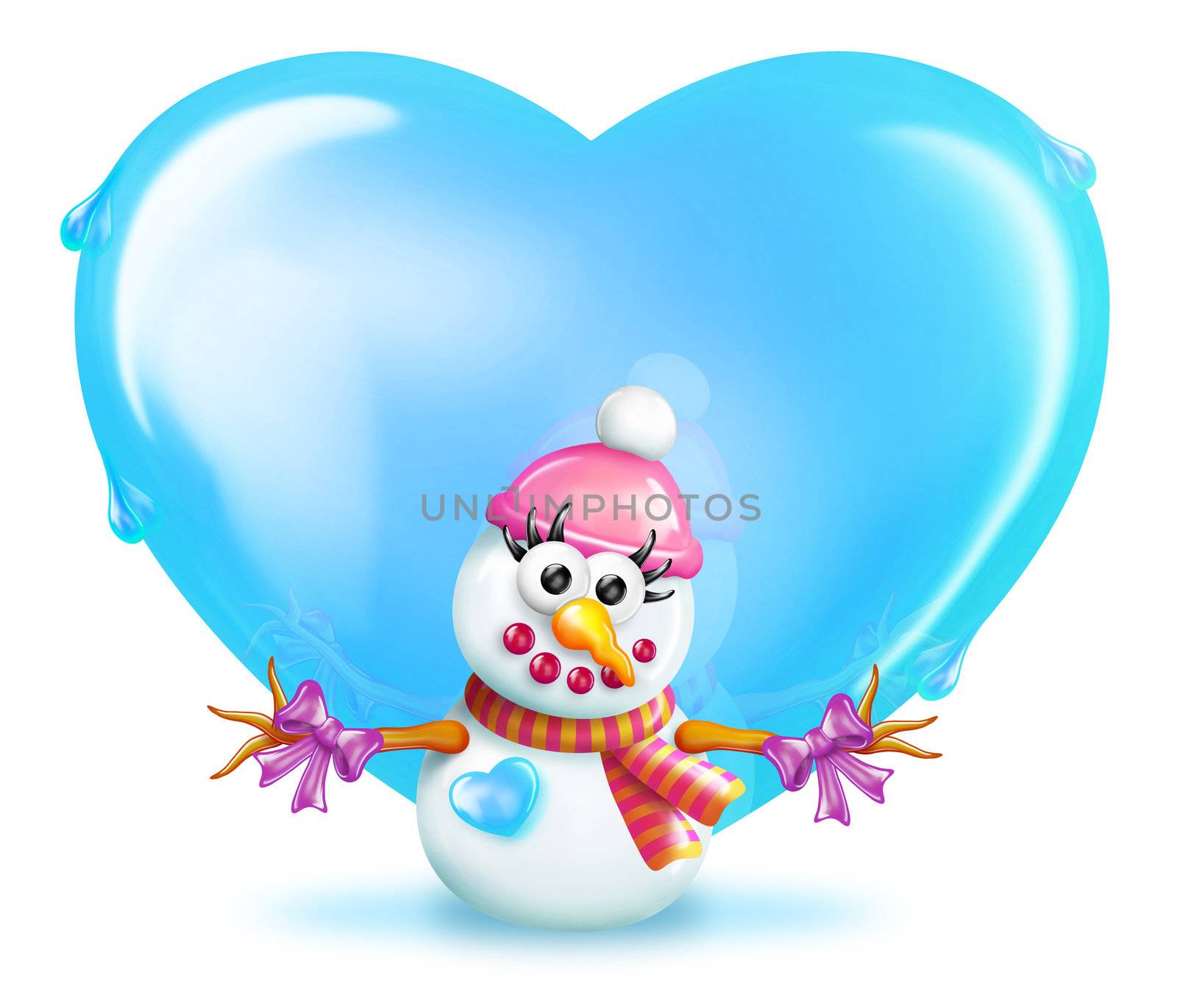 A cartoon Snowman Girl standing in front of a Winter heart.