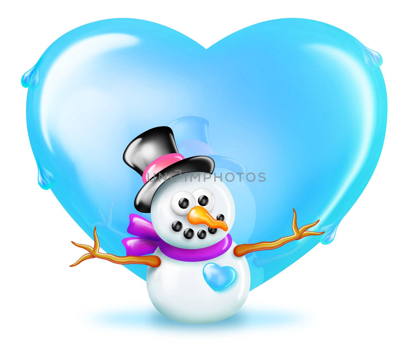 A cartoon Snowman standing in front of a Winter heart.