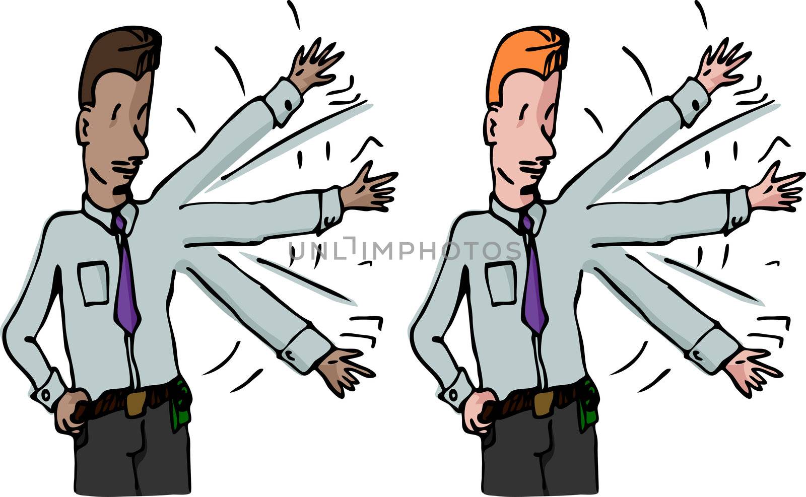 Two variations of a businessman waving his arm up and down for exercise or to get attention.