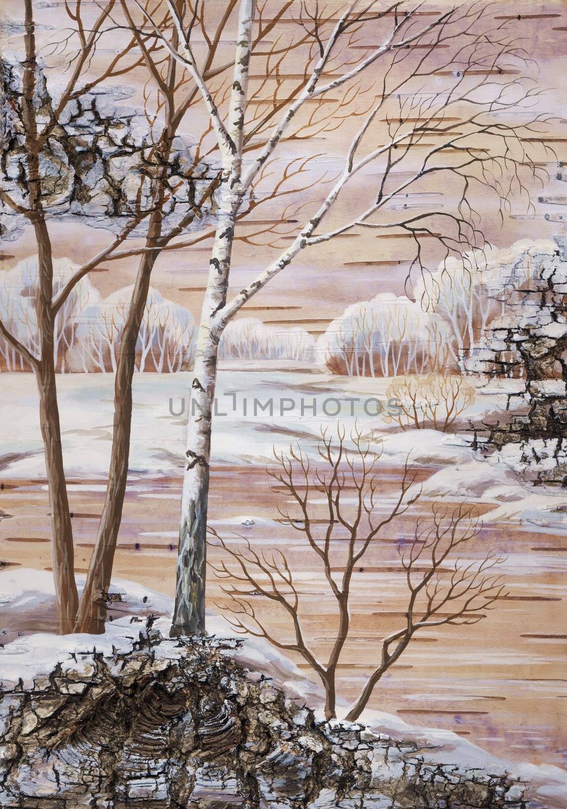 Landscape on a birch bark by alexcoolok