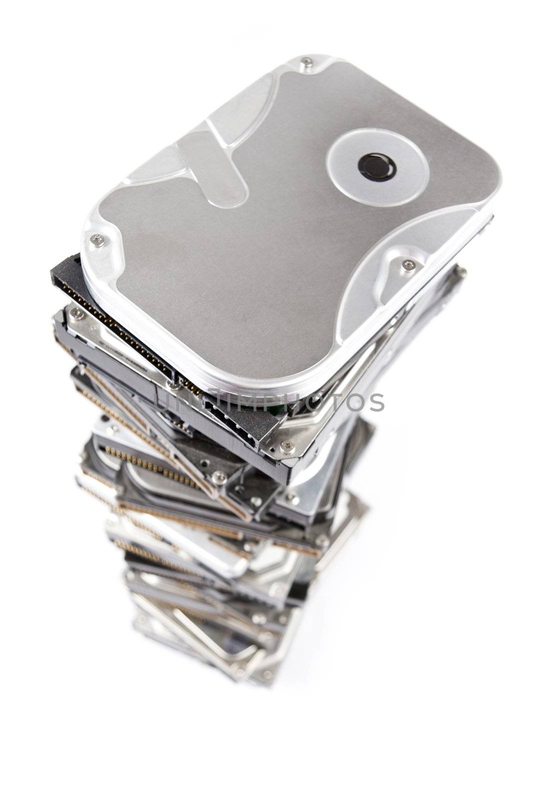 Stack of hard drive with copy space. White Background and blur at bottom of stack
