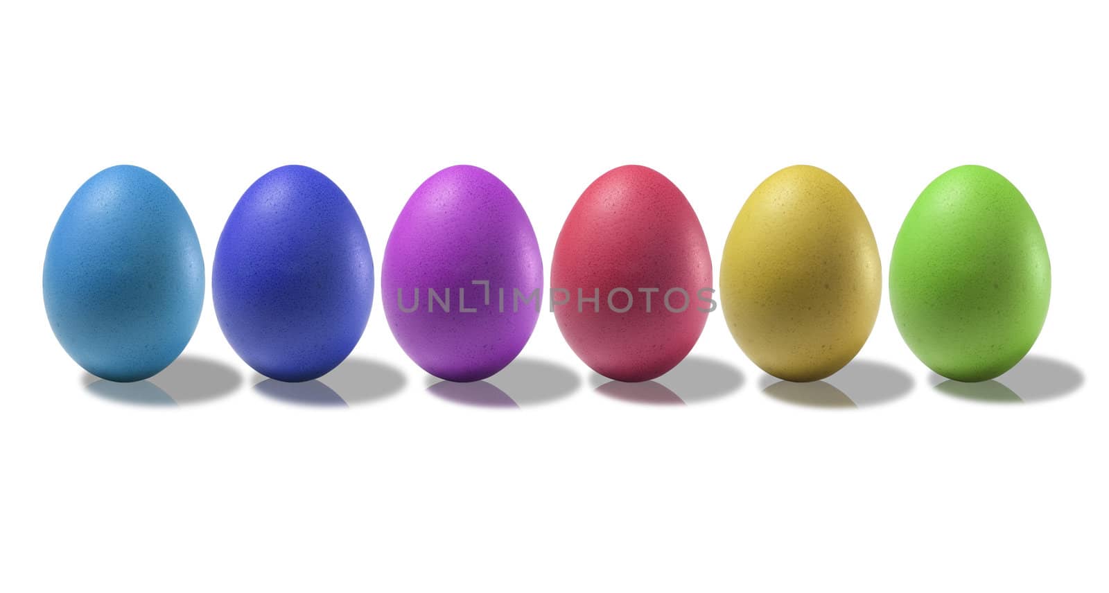 Colored eggs on a white background with reflections on the basis