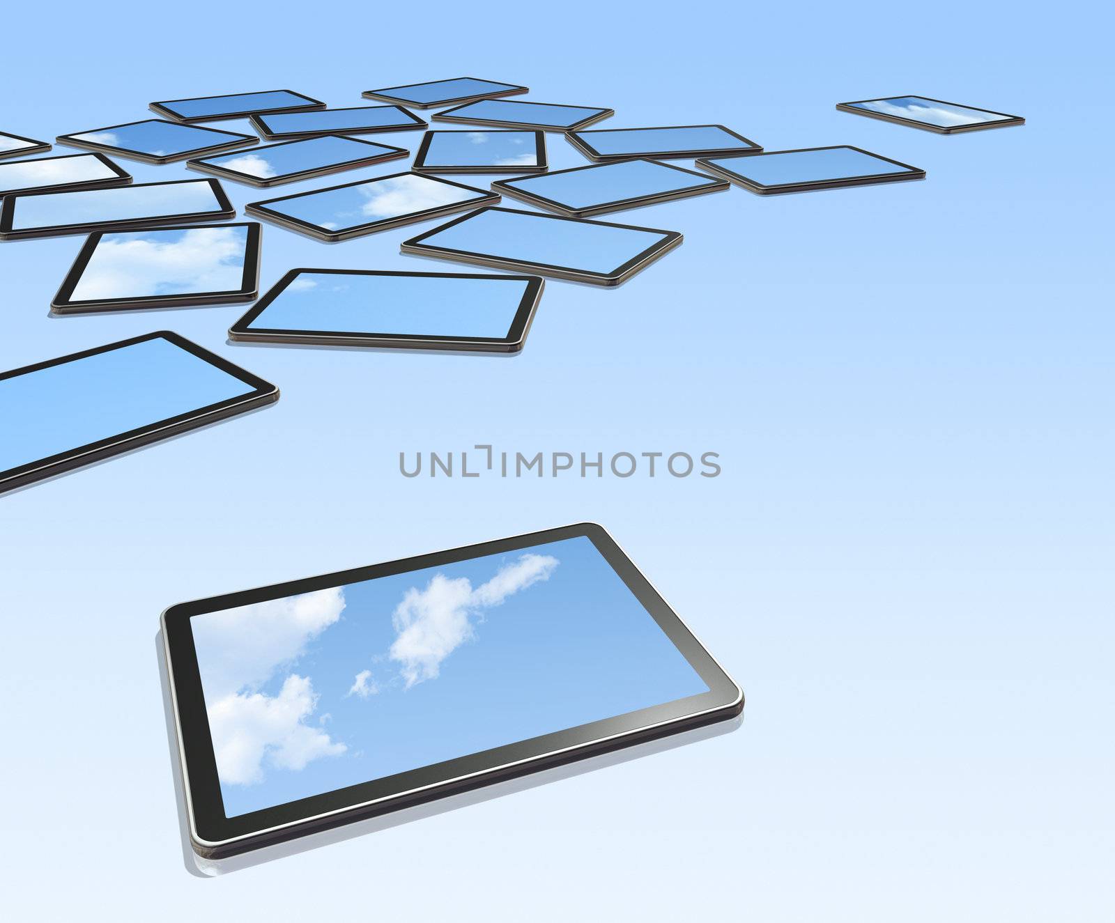 3D televisions, digital tablet PC on a blue background with sky screens. With screens clipping path
