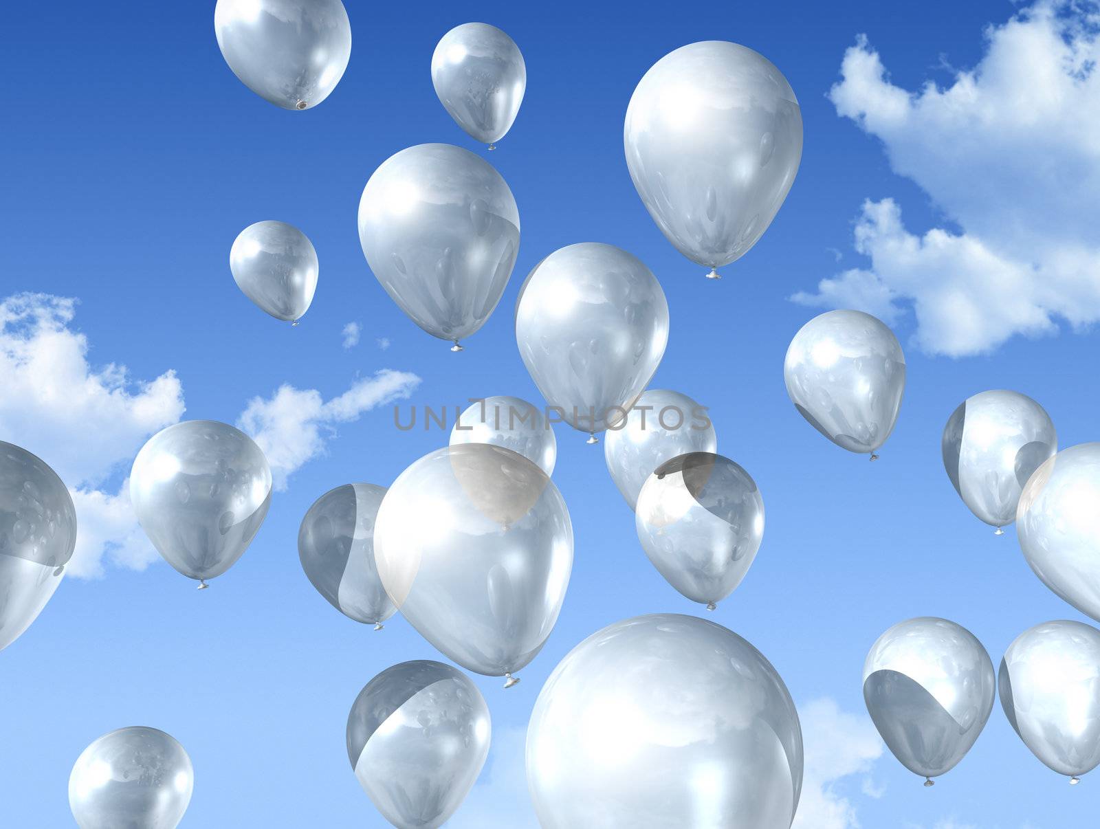 white air balloons floating on a blue sky