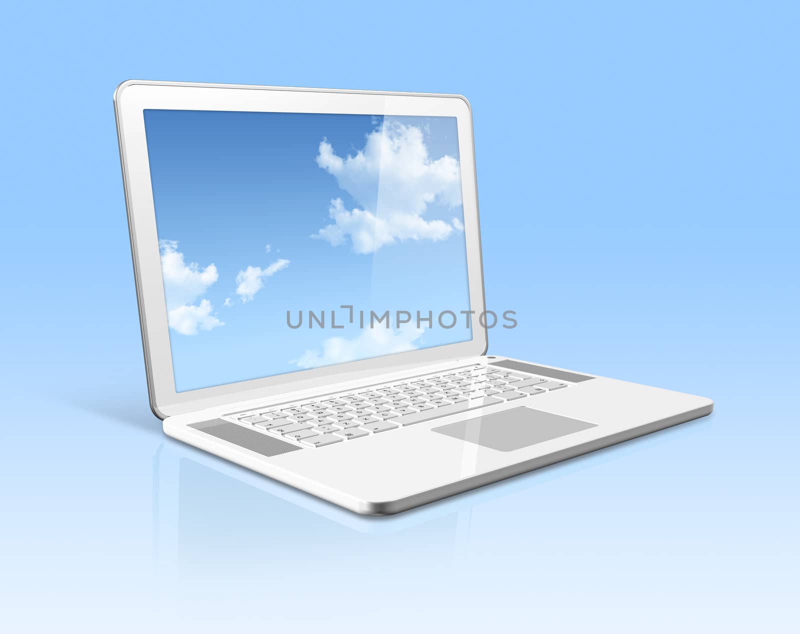 3D white laptop computer with sky in screen isolated on blue with 2 clipping path : one for global scene and one for the screen