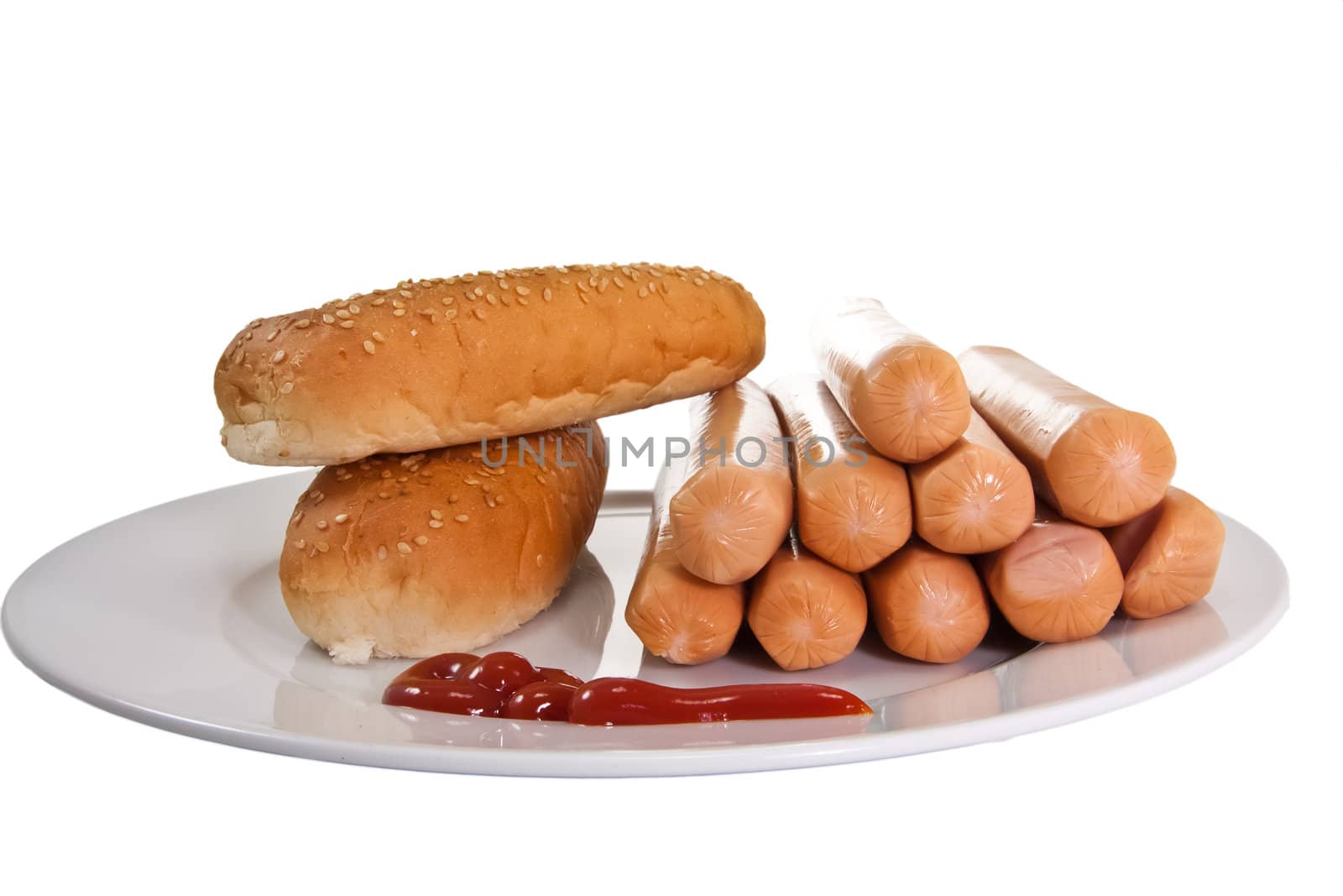 Sausages with bread and ketchup by Stootsy