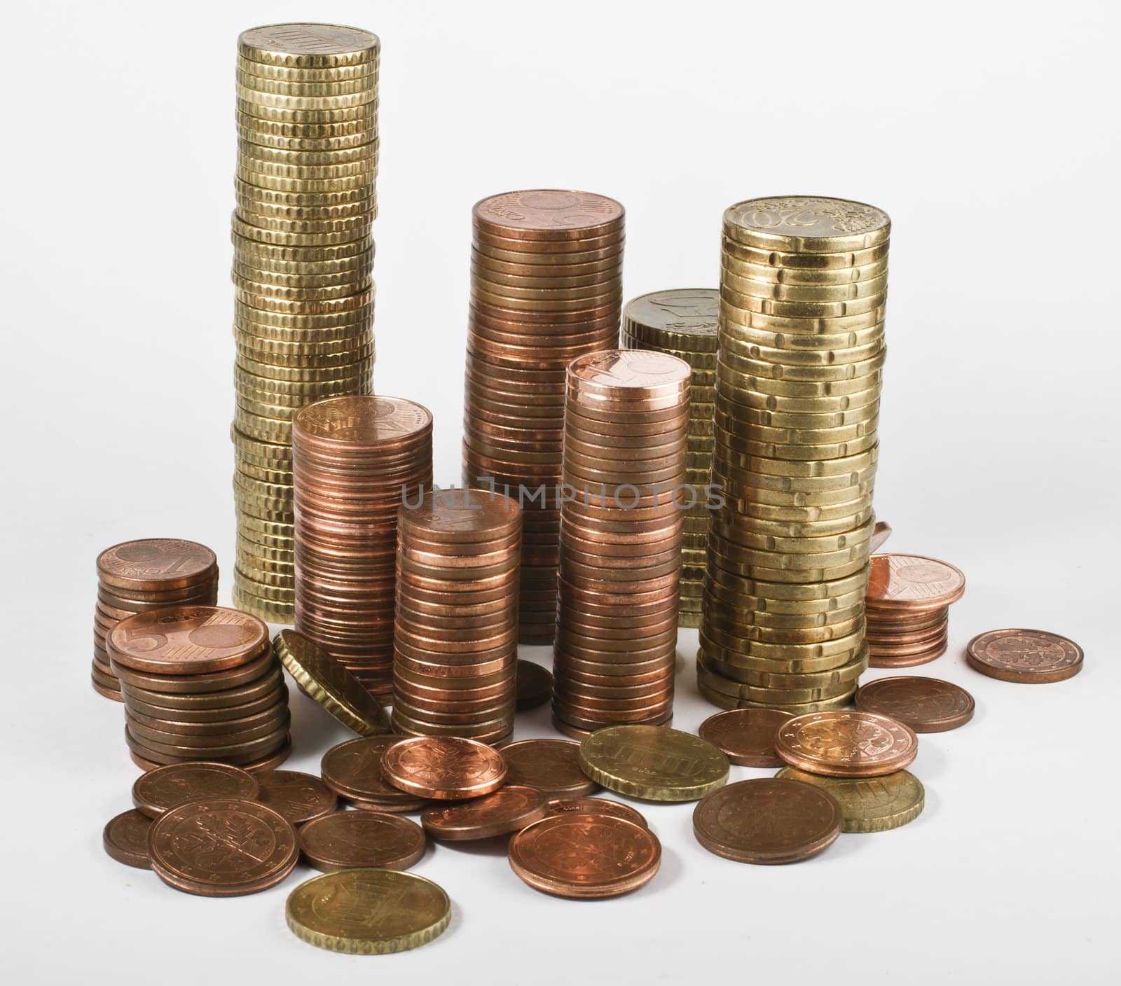 stacks of different euro coins in neutral background