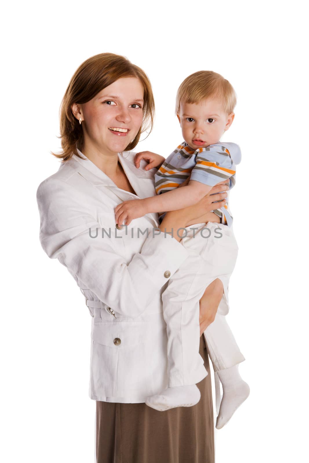 Happy cheerful Mother and son isolated on white