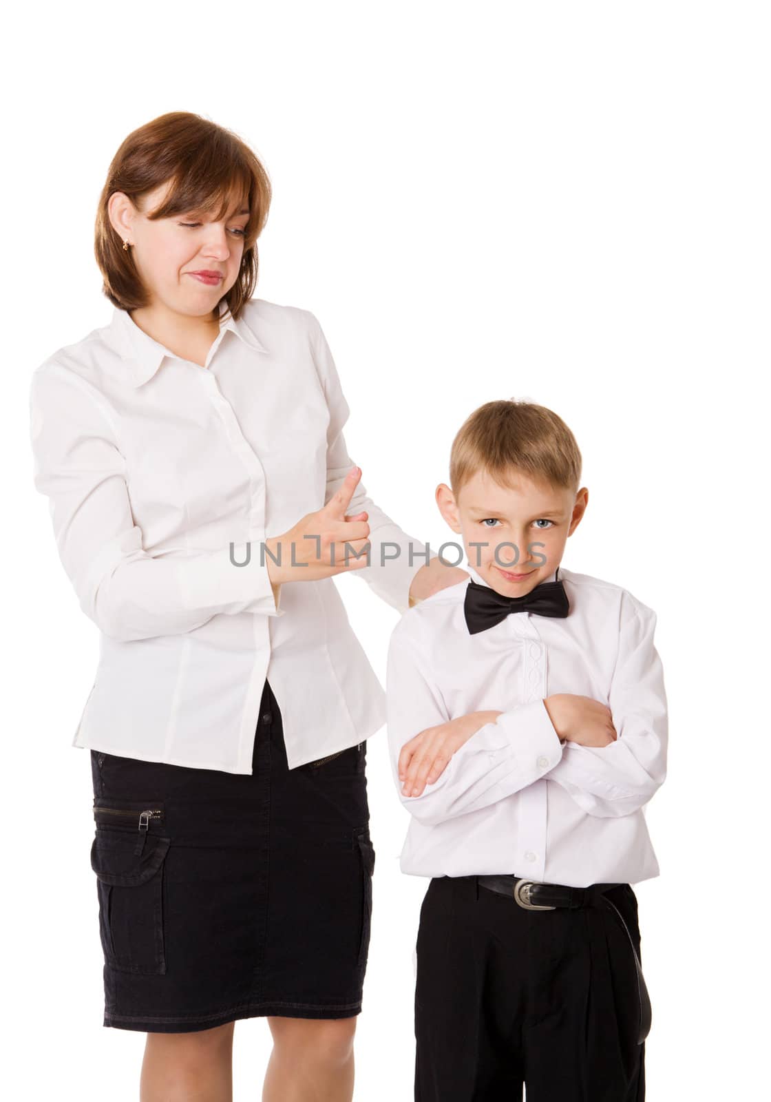 Mother talking to son isolated on white