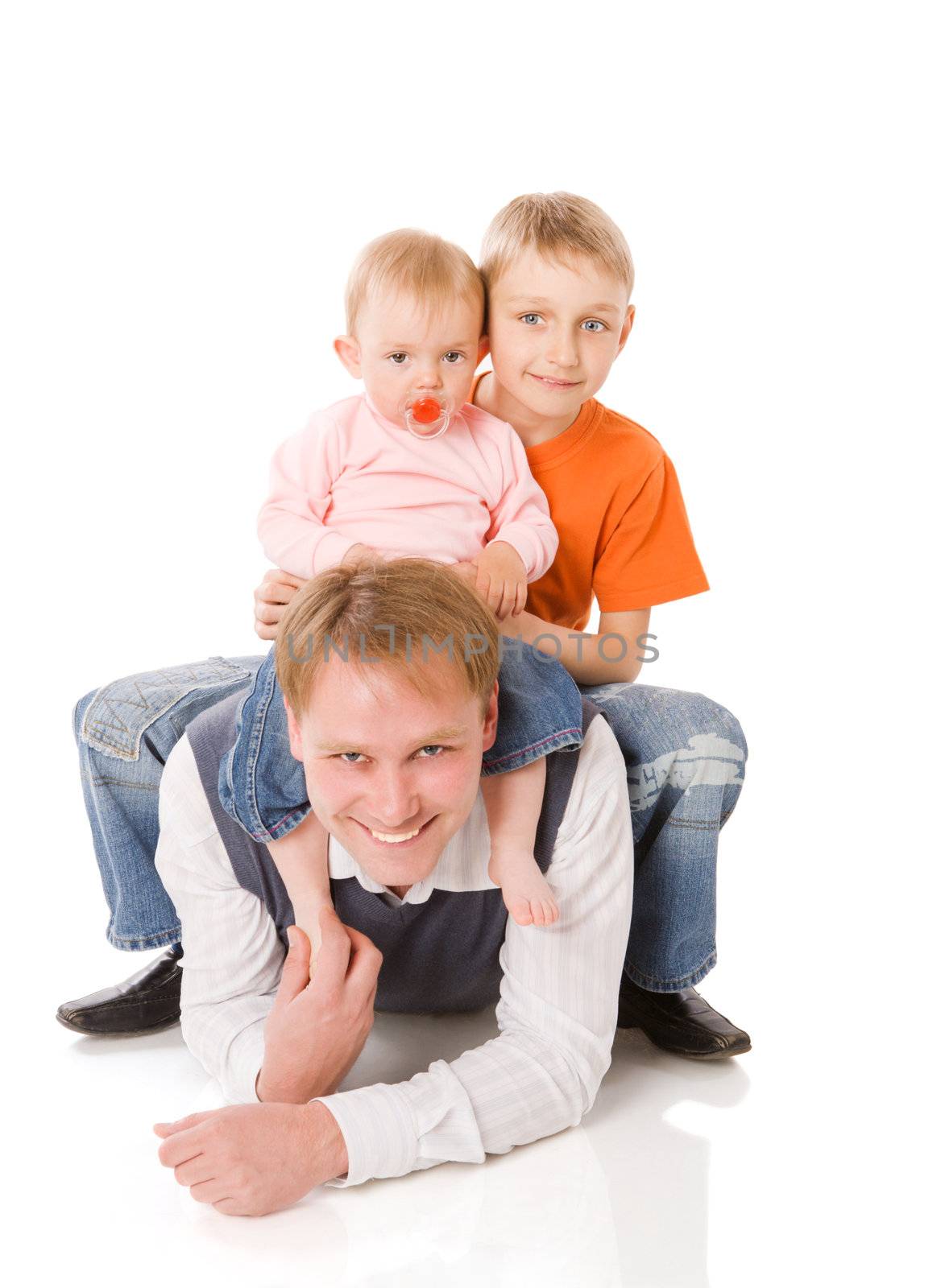 Happy Father with two kids together isolated on white