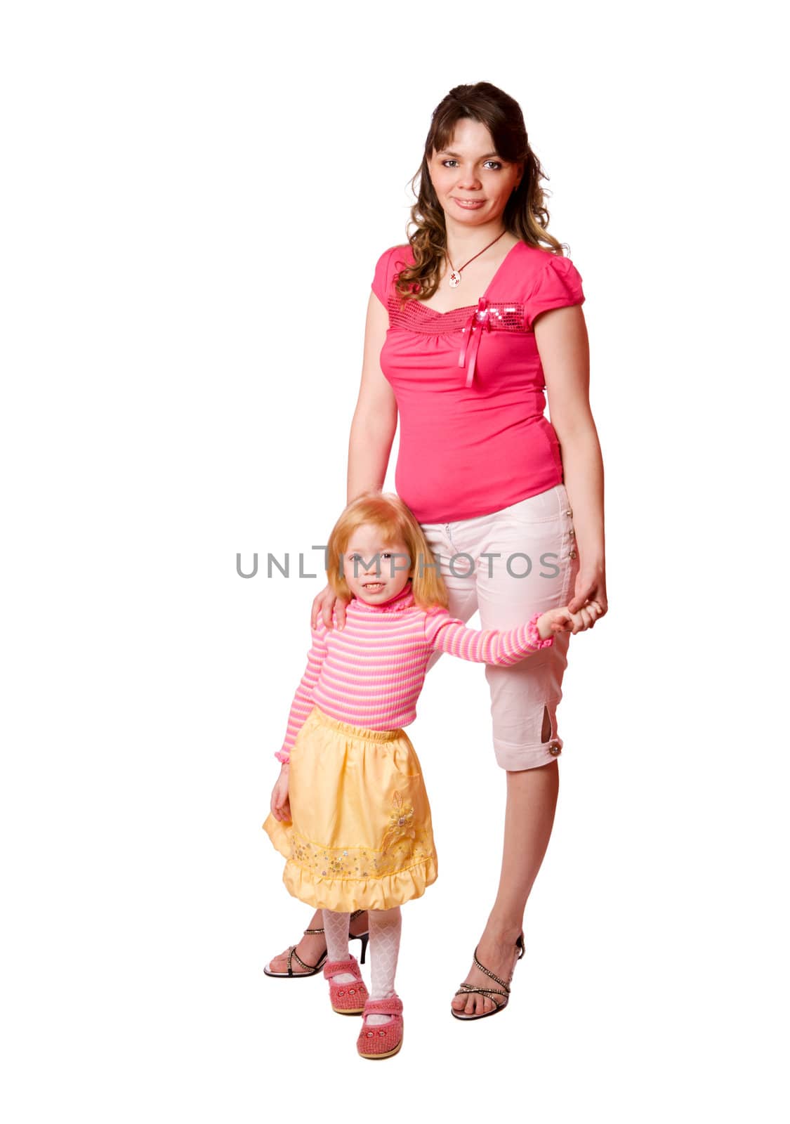 Mother holding daughter standing isolated on white