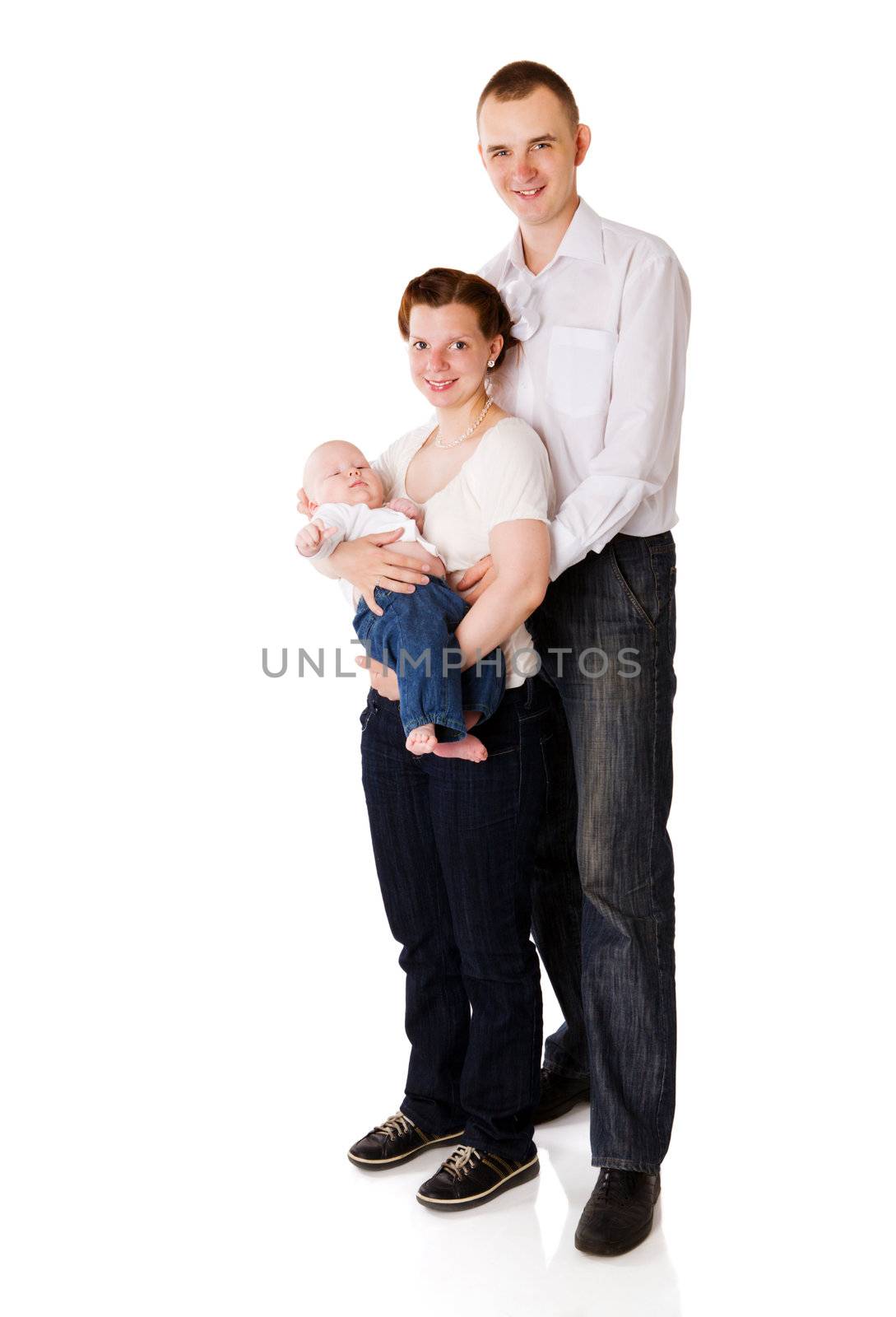 Happy Family enjoying baby together isolated on white